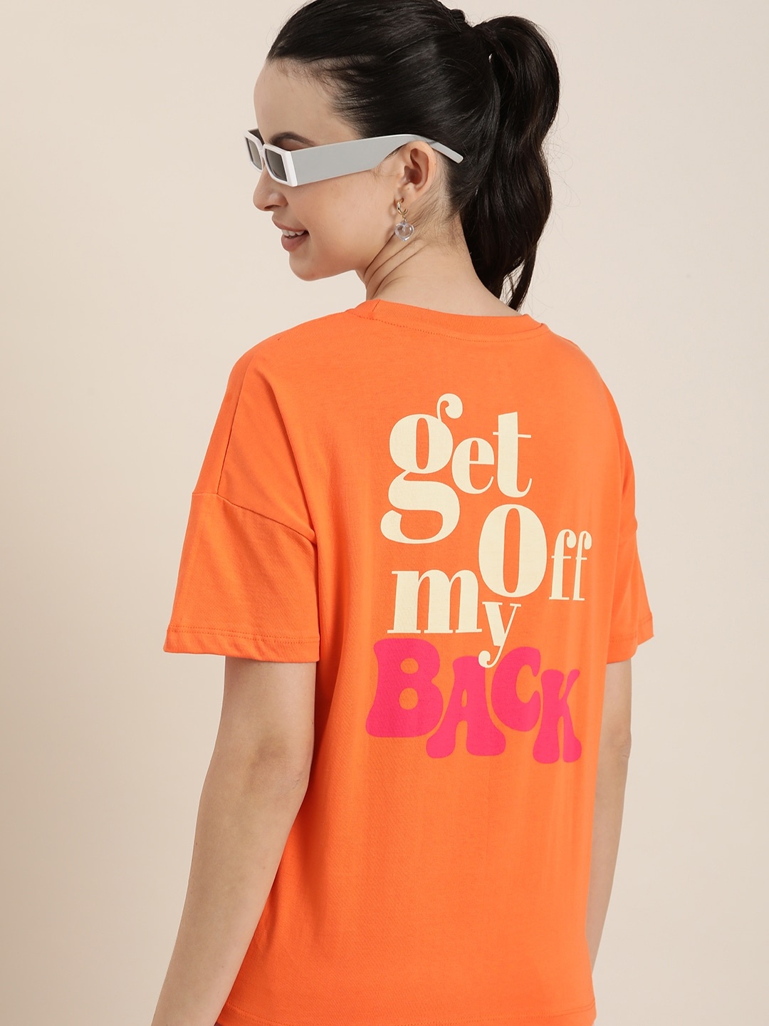 

HERE&NOW Typography Printed Drop-Shoulder Sleeves Pure Cotton T-shirt, Orange
