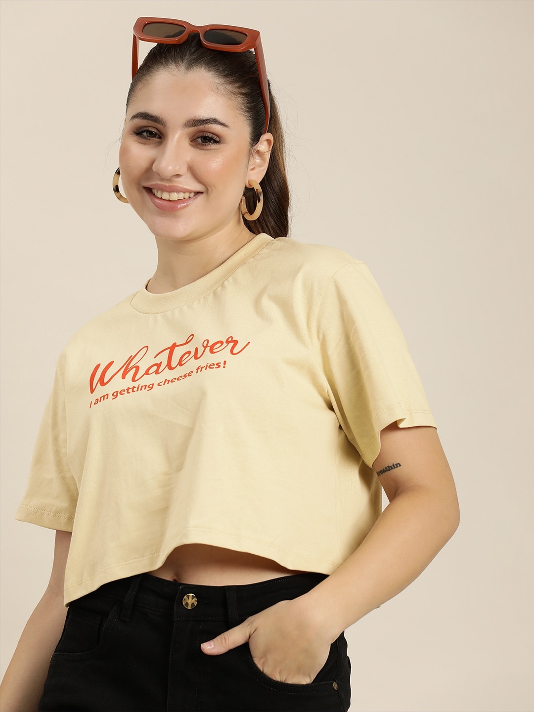 

HERE&NOW Typography Printed Pure Cotton T-shirt, Beige
