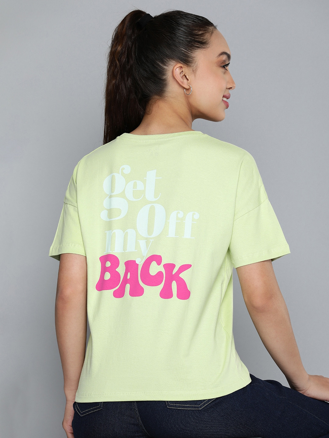 

HERE&NOW Graphic Typography Printed Drop-Shoulder Sleeves Pure Cotton T-shirt, Lime green