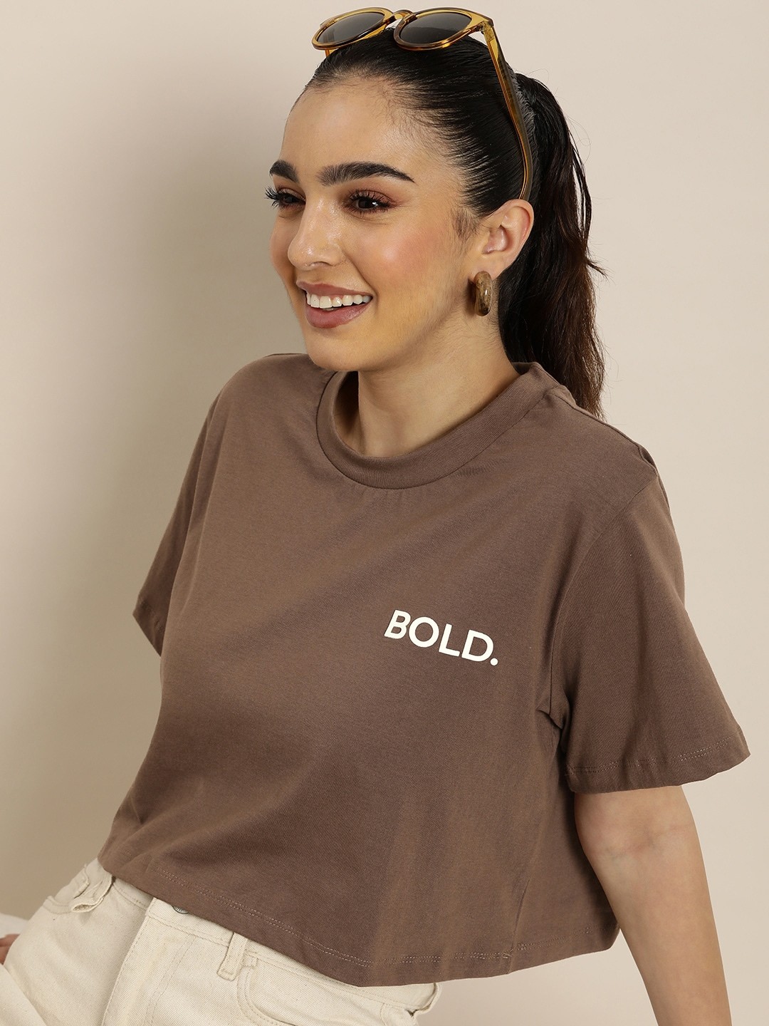 

HERE&NOW Typography Placement Print Drop-Shoulder Sleeves Pure Cotton T-shirt, Brown