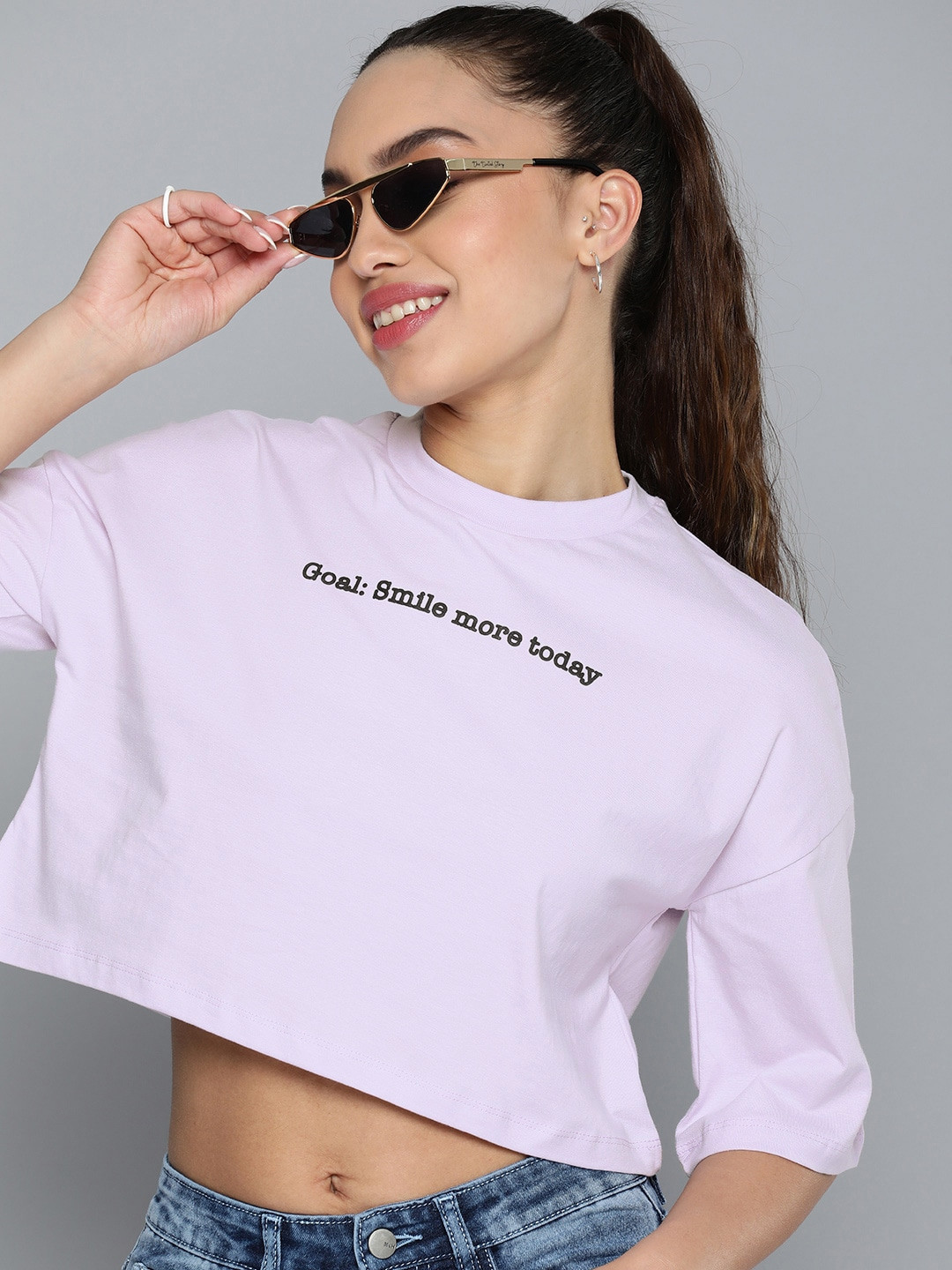 

HERE&NOW Typography Printed Drop-Shoulder Sleeves Pure Cotton Crop T-shirt, Lavender