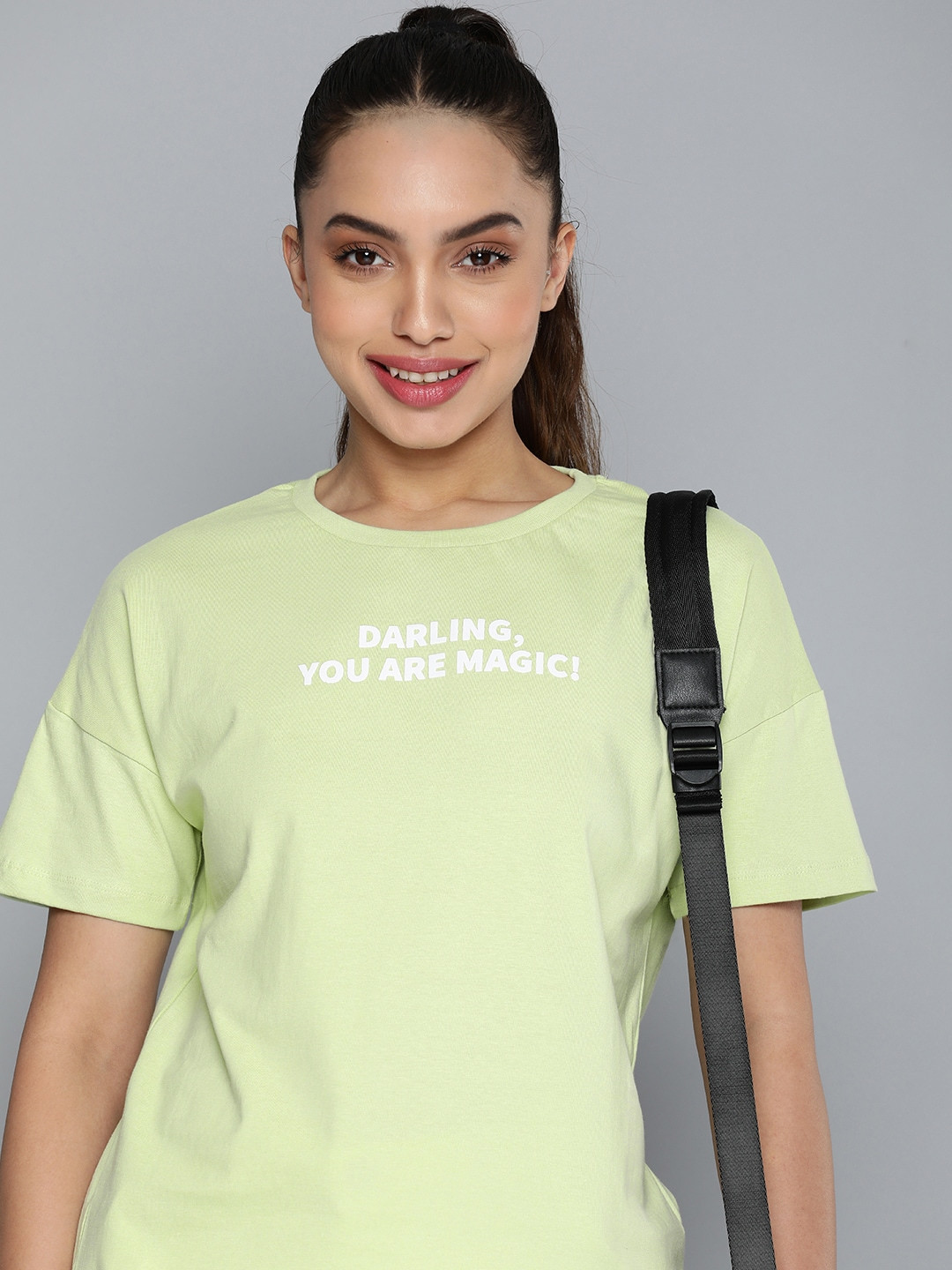 

HERE&NOW Typography Minimal Print Detail Drop-Shoulder Sleeves Pure Cotton T-shirt, Lime green