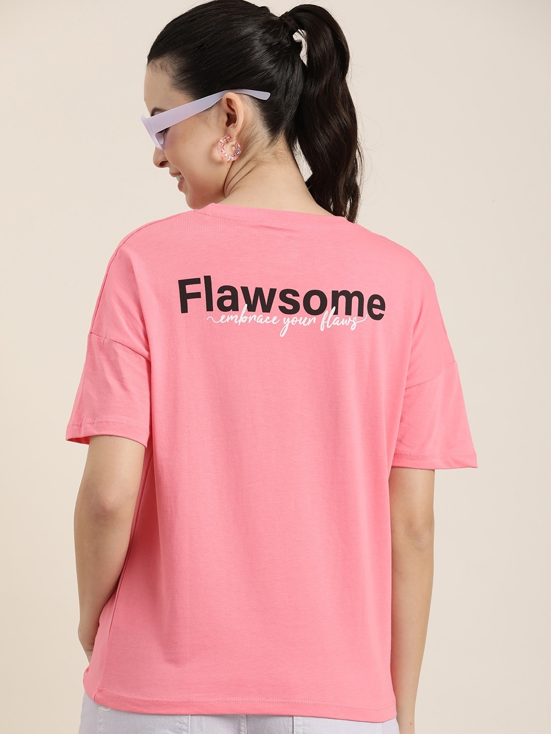 

HERE&NOW Typography Printed Drop-Shoulder Sleeves Pure Cotton T-shirt, Pink