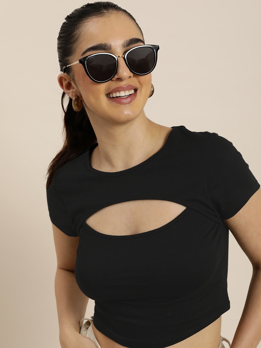 

HERE&NOW Round Neck Cut Out Detail T-shirt, Black