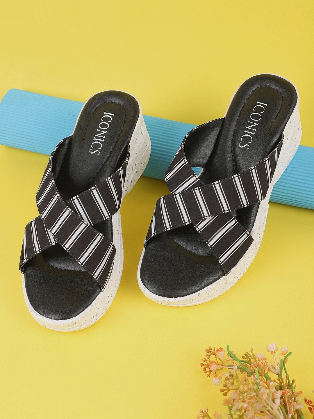 

ICONICS Women Open Toes Striped Wedge Heels, Black