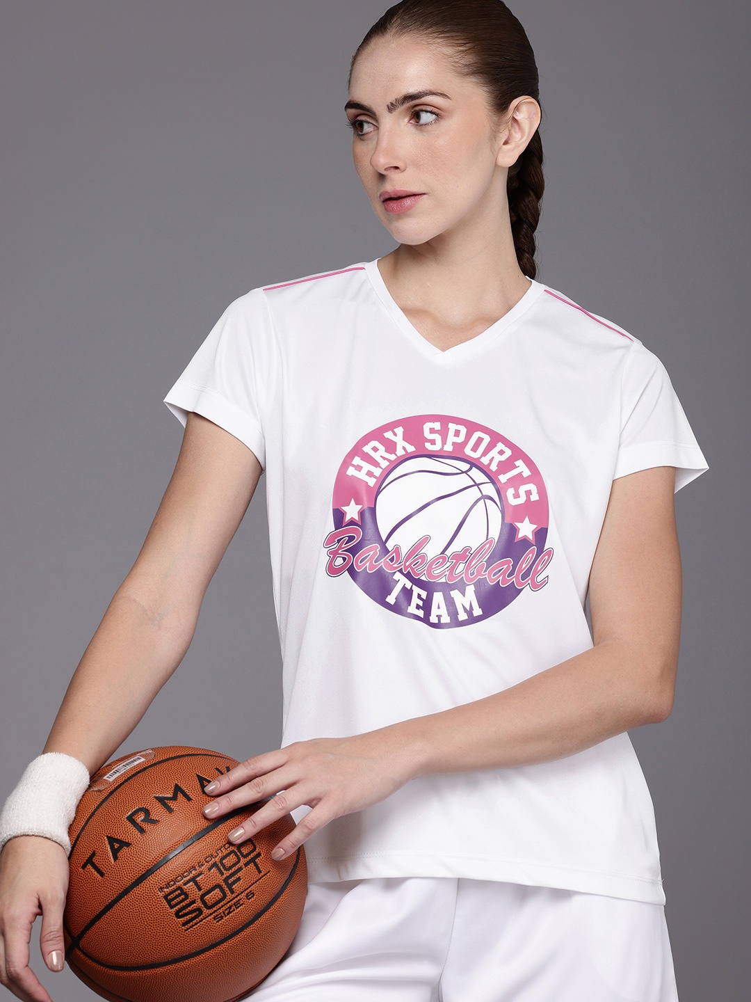 

HRX by Hrithik Roshan Graphic Printed V-Neck Rapid-Dry Antimicrobial Basketball T-shirt, White