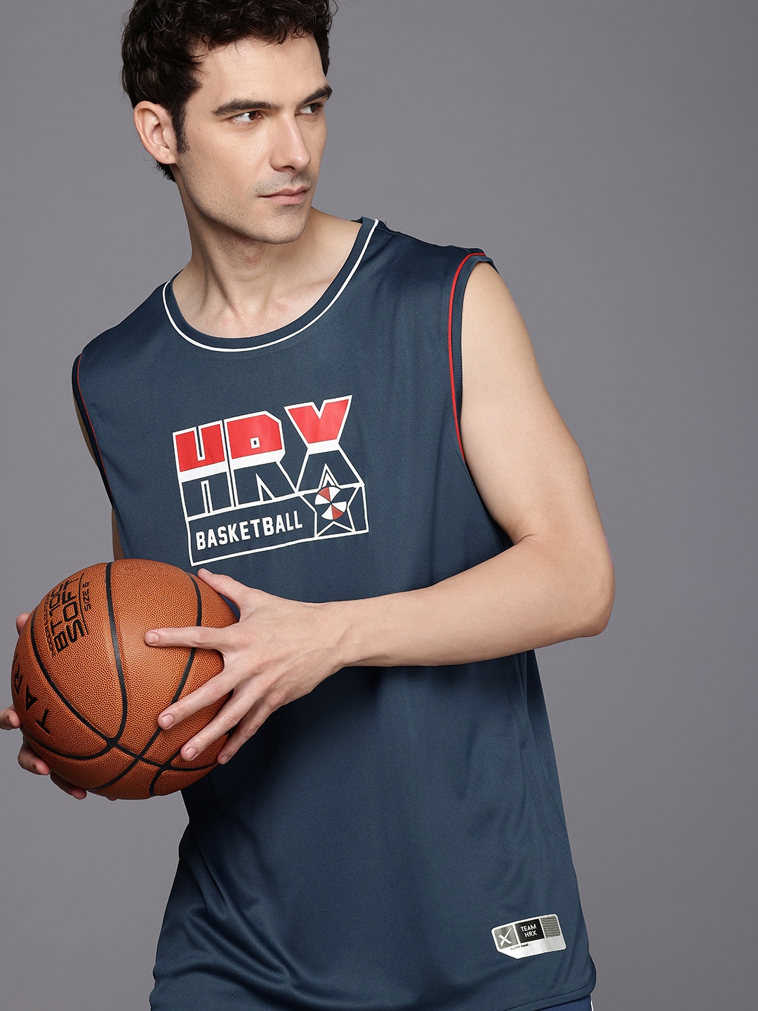 

HRX by Hrithik Roshan Men Brand Logo Printed Basketball Rapid-Dry T-shirt, Navy blue