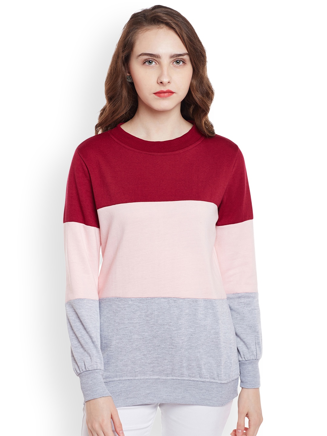 

Belle Fille Women Maroon & Grey Melange Colourblocked Sweatshirt