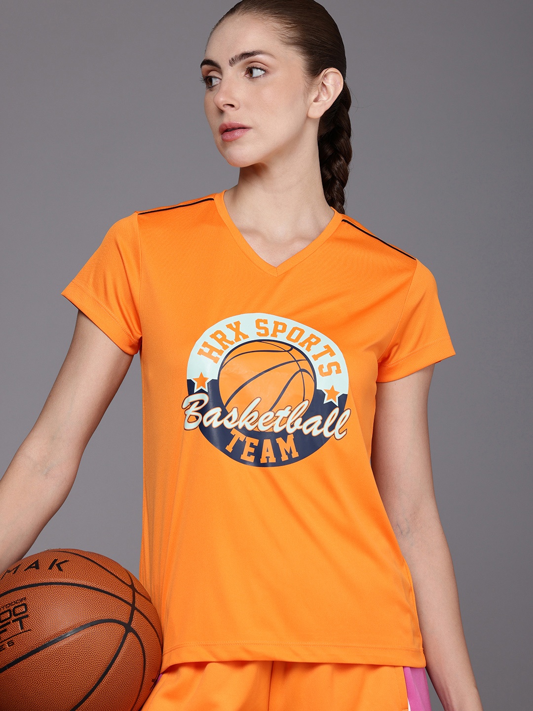 

HRX by Hrithik Roshan Brand Logo Printed V-Neck Rapid-Dry Antimicrobial Basketball T-shirt, Orange