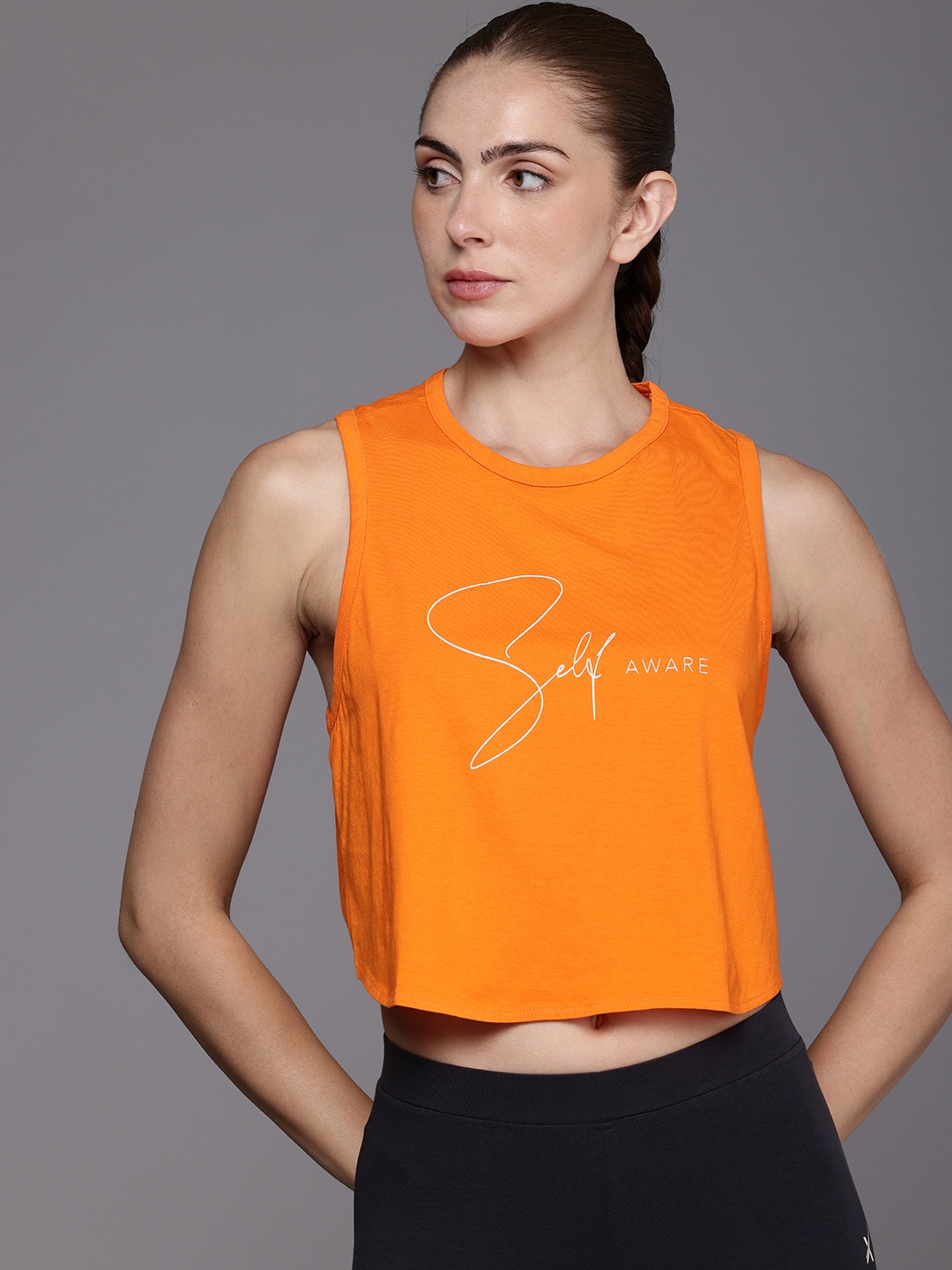 

HRX by Hrithik Roshan Printed Pure Cotton Styled Back Cropped Yoga Tops, Orange