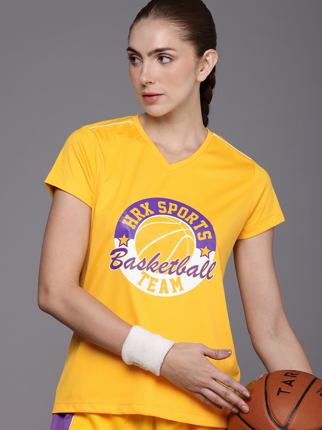 

HRX by Hrithik Roshan Brand Logo Printed V-Neck Rapid-Dry Antimicrobial Basketball T-shirt, Yellow