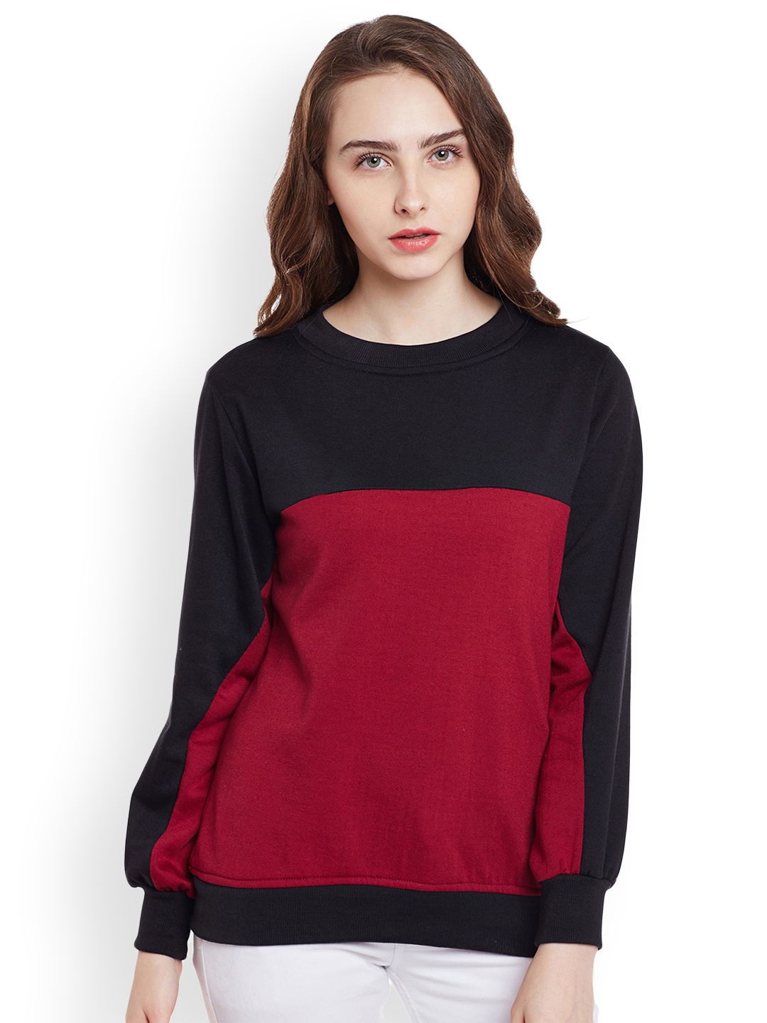 

Belle Fille Women Black & Maroon Colourblocked Sweatshirt