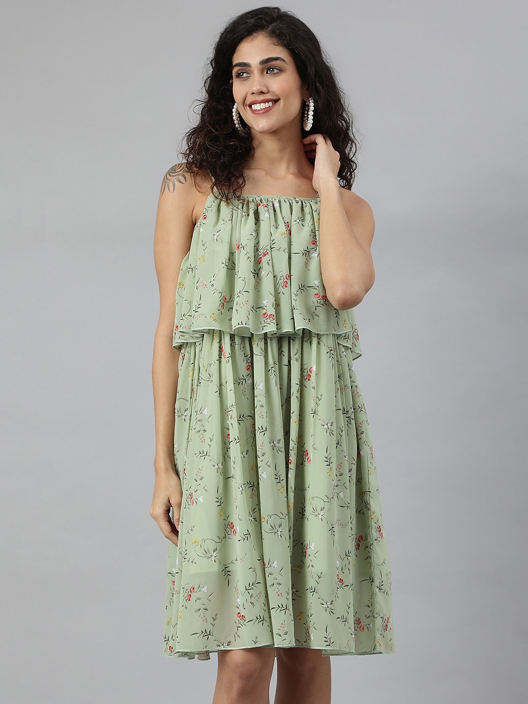 

KALINI Floral Printed Georgette A-Line Dress, Green