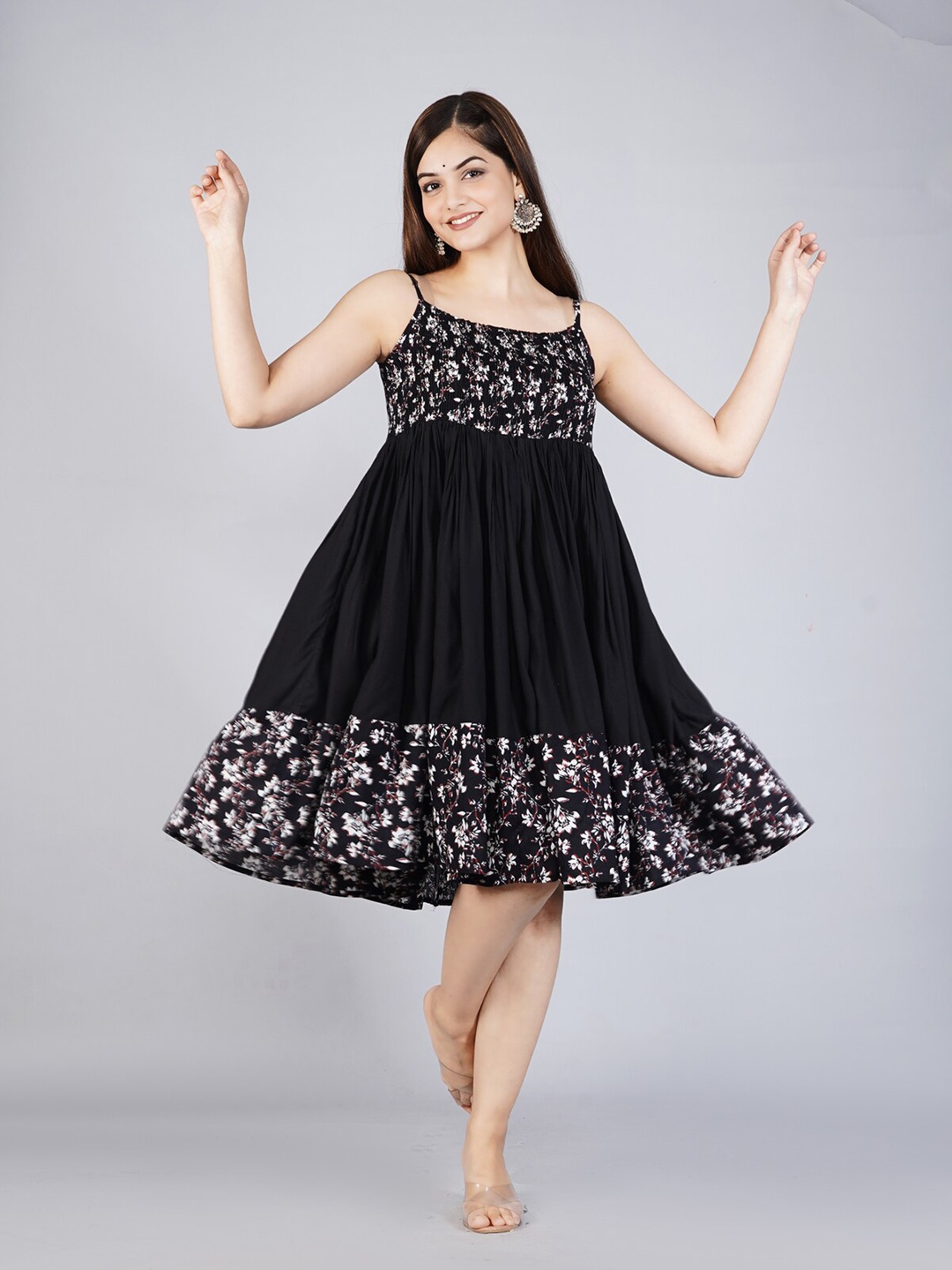 

KALINI Shoulder Straps Floral Printed A-Line Dress, Black