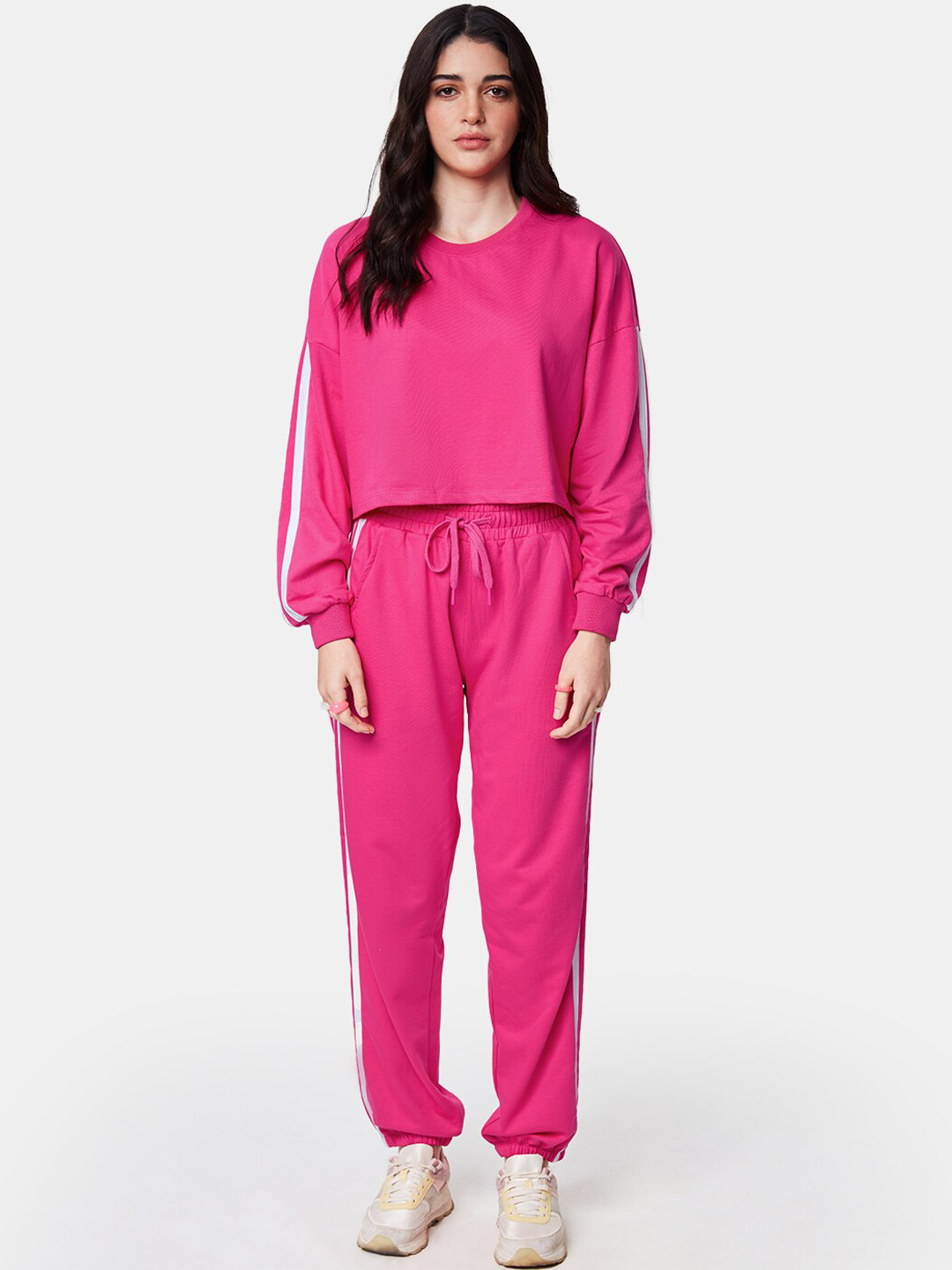 

The Souled Store Women Striped Detailed Pure Cotton Sweatshirt & Joggers, Pink