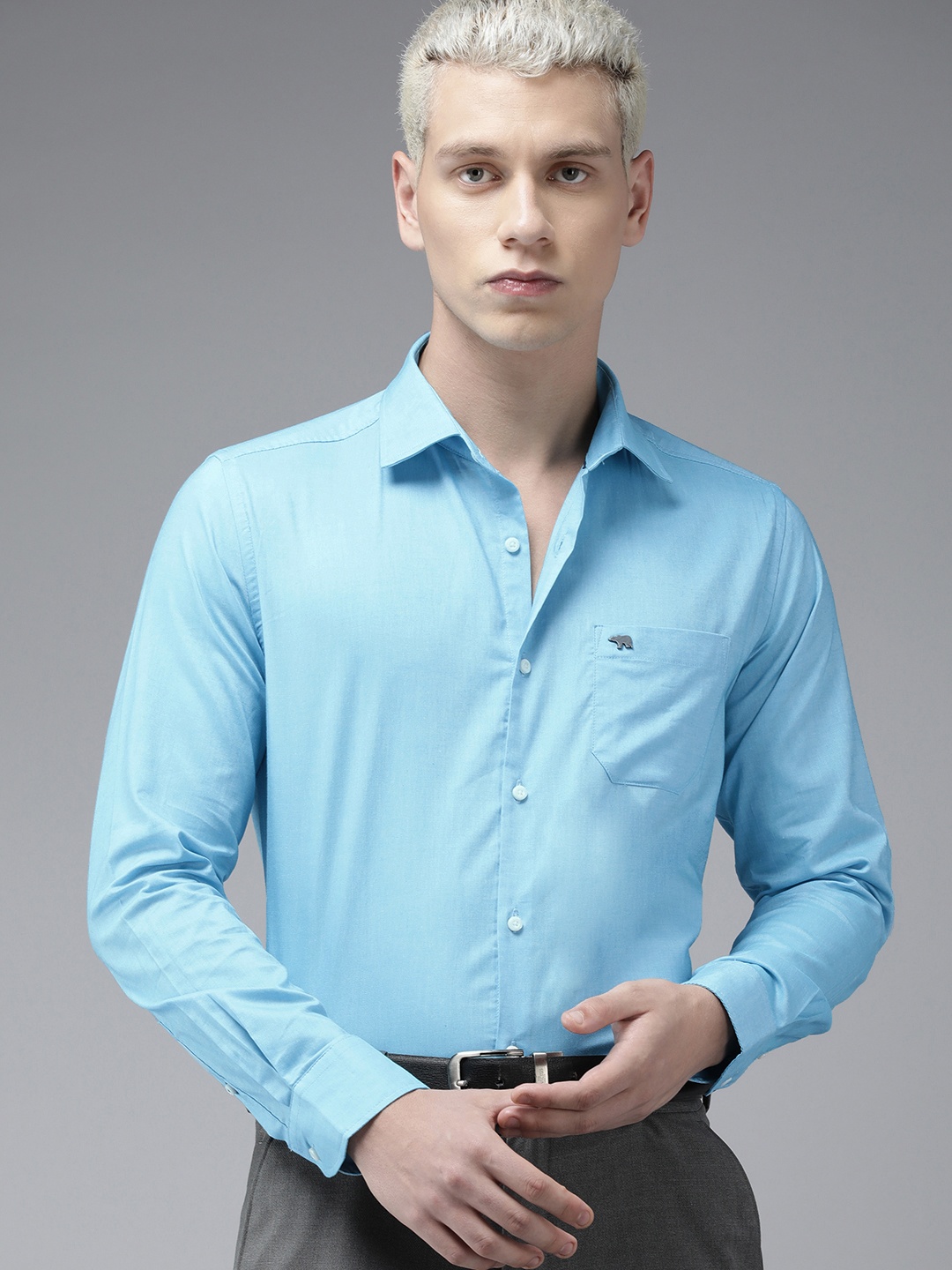 

THE BEAR HOUSE Slim Fit Solid Pure Cotton Formal Shirt, Blue