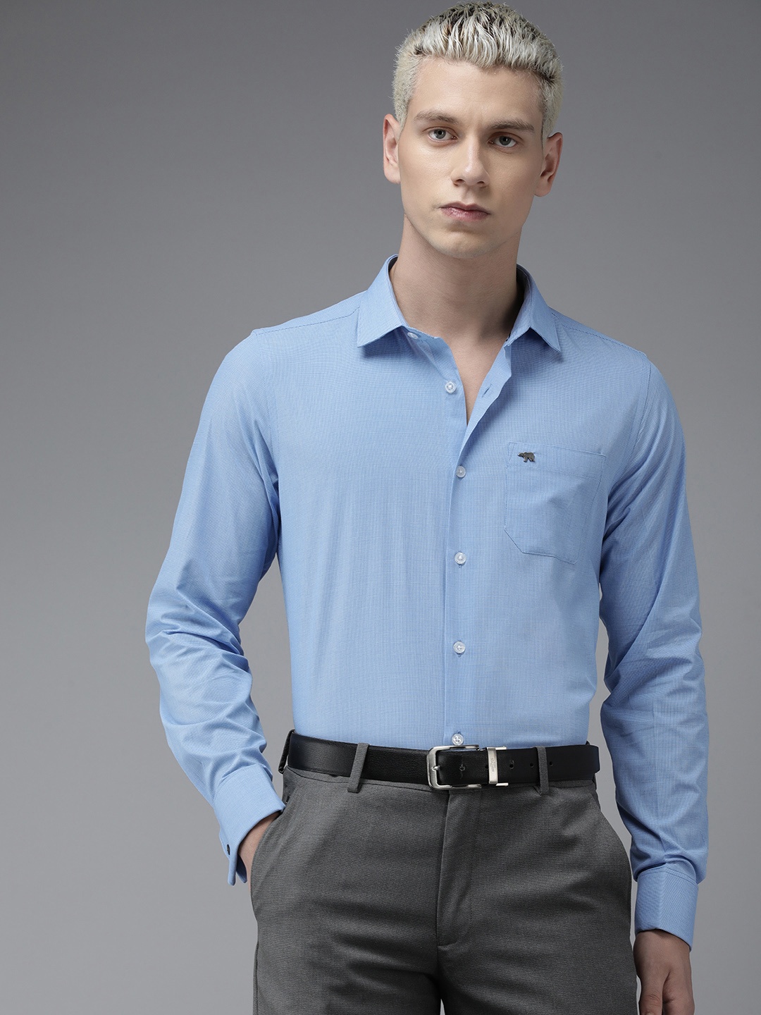 

THE BEAR HOUSE Slim Fit Self Design Pure Cotton Formal Shirt, Blue