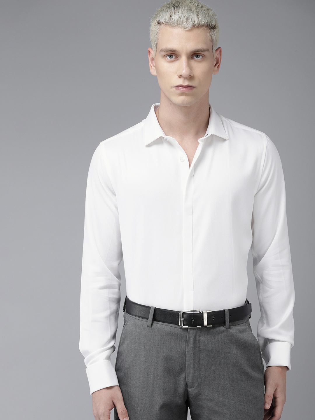 

THE BEAR HOUSE Slim Fit Solid Pure Cotton Formal Shirt, White