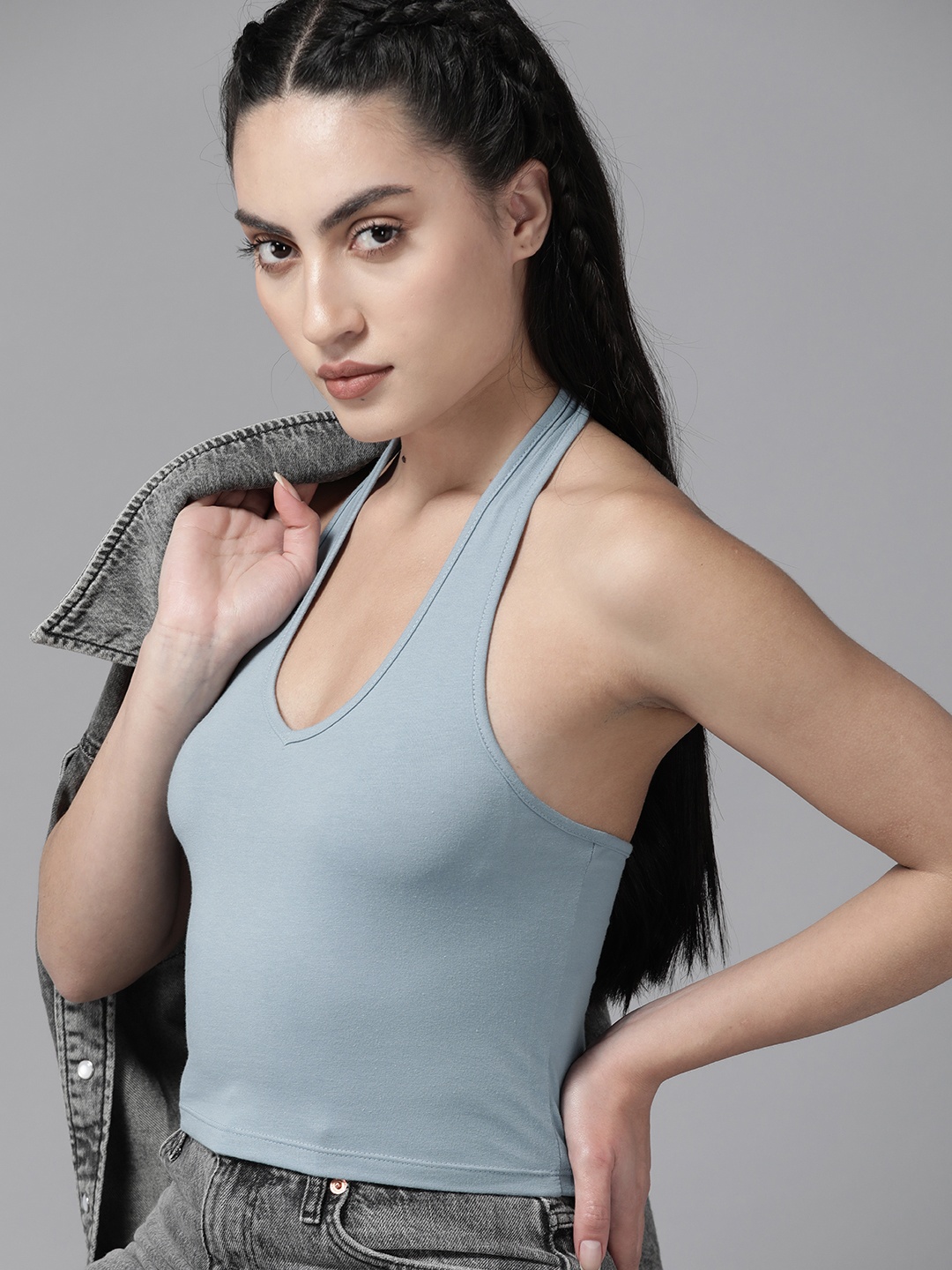 

Roadster Halter Neck Crop Top, Blue
