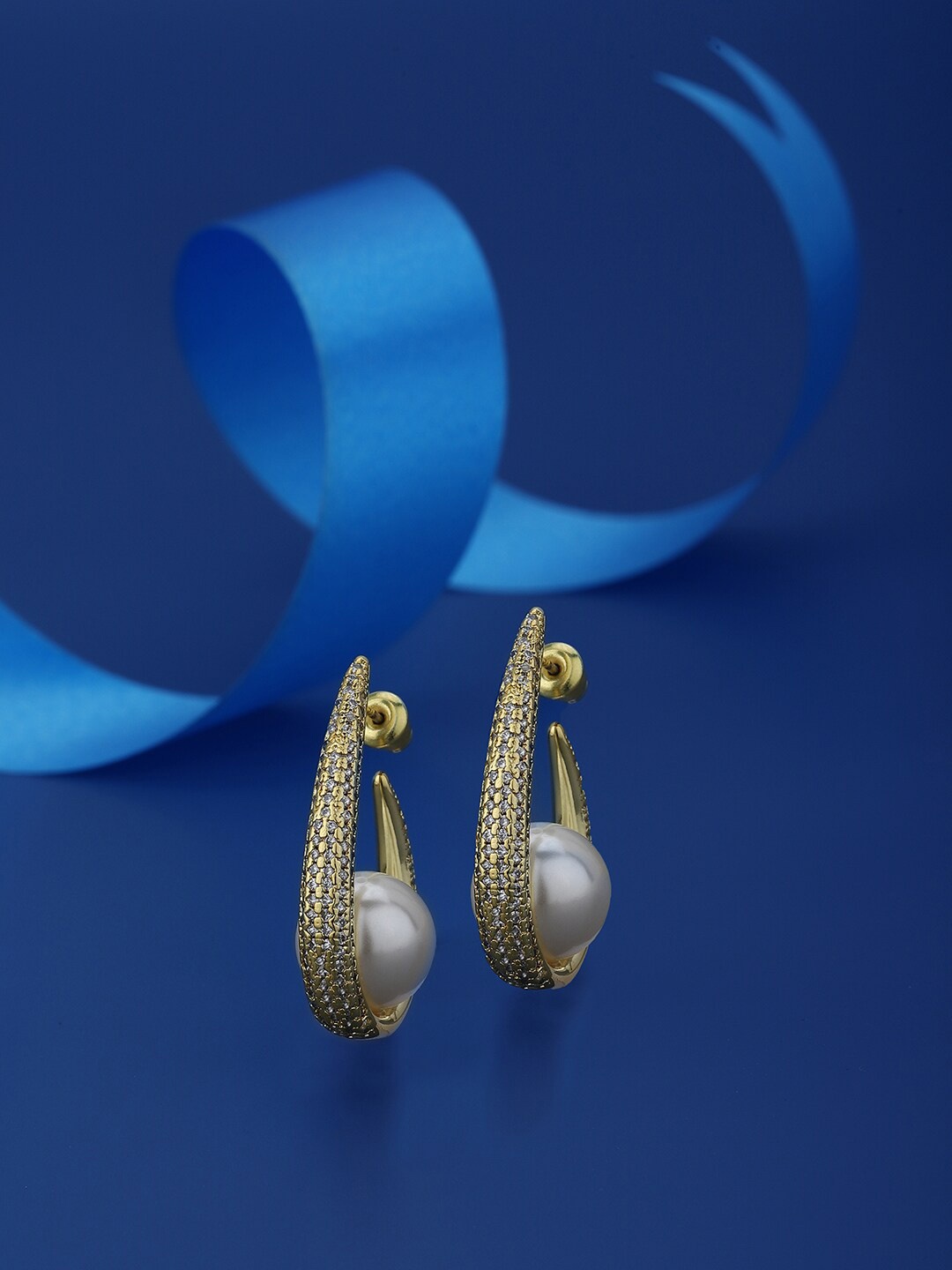

Carlton London Gold-Plated Teardrop Shaped Premium Half Hoop Earrings