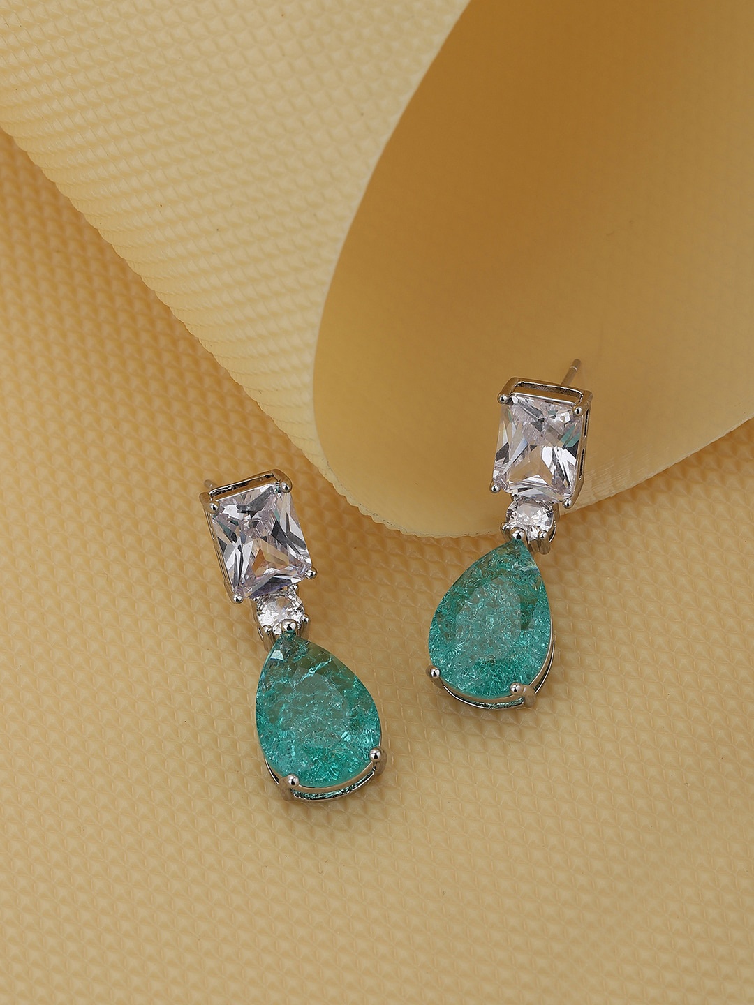 

Carlton London Rhodium-Plated Crystals Teardrop Shaped Premium Drop Earrings, Sea green