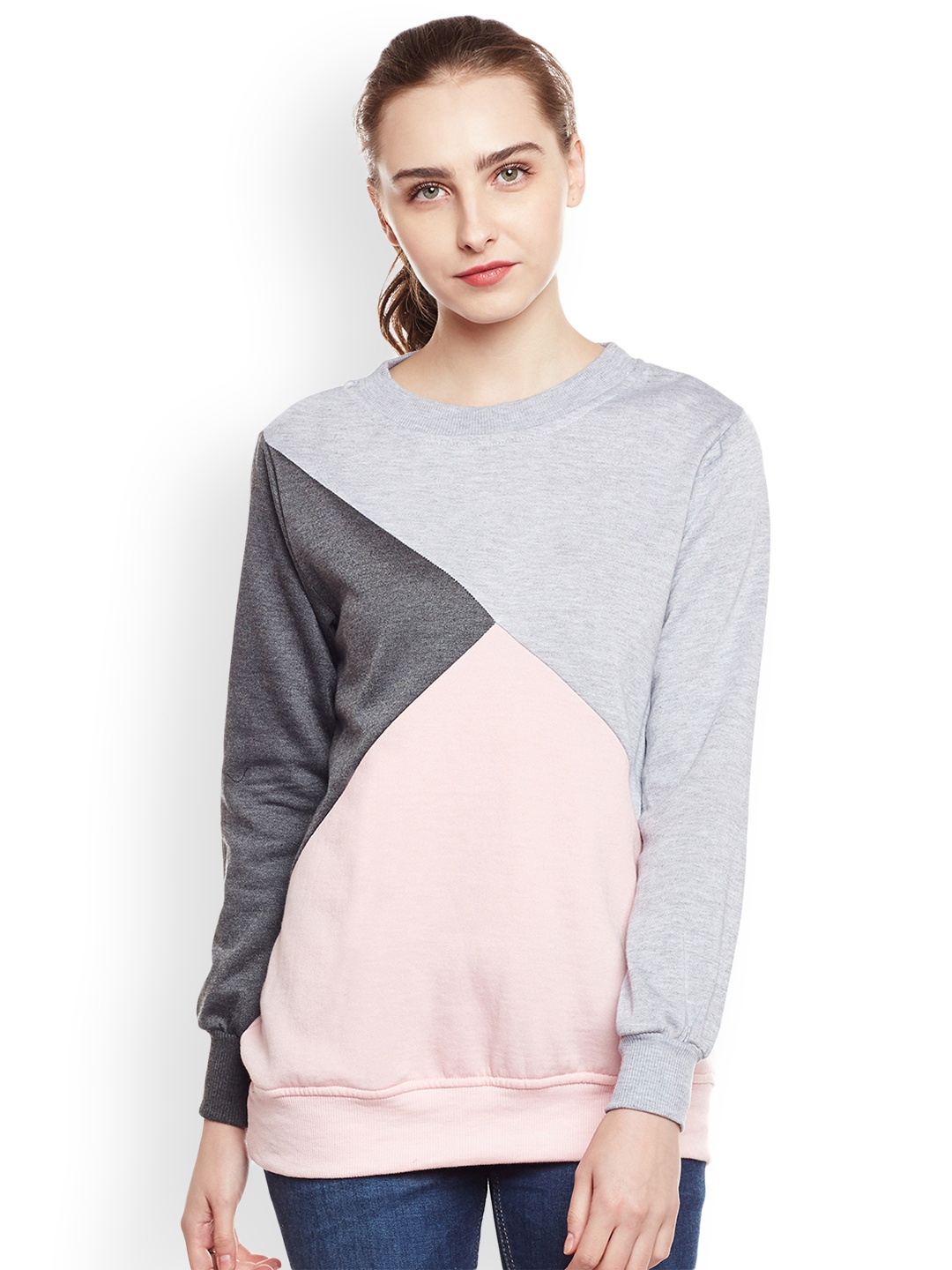 

Belle Fille Women Grey & Pink Colourblocked Sweatshirt