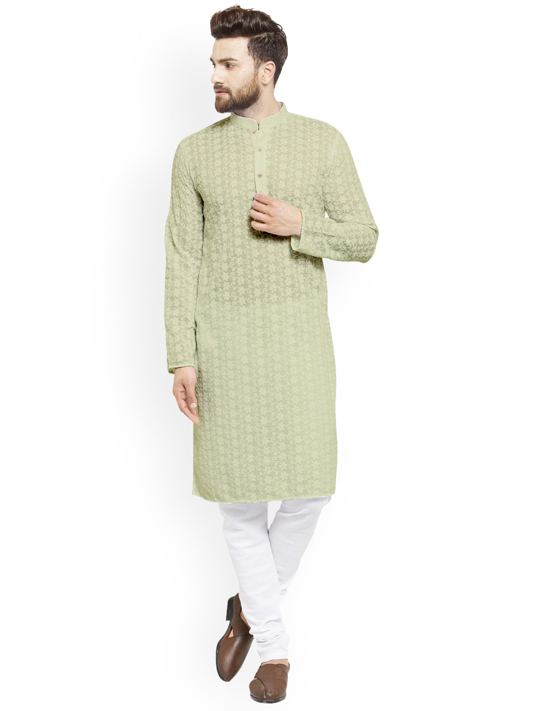 

TREEMODA Men Embroidered Chikankari Kurta with Churidar, Green
