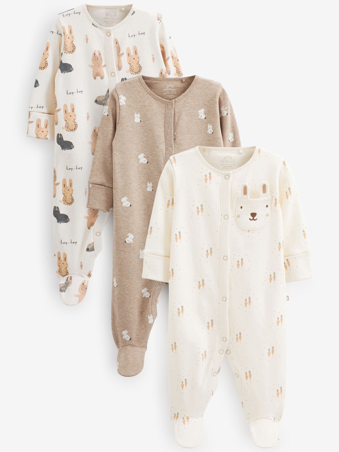 

NEXT Infant Kids Pack of 3 Printed Pure Cotton Sleepsuits, Beige
