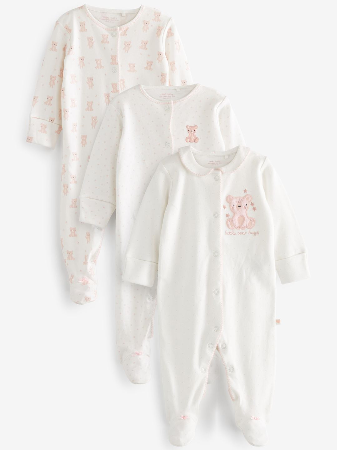

NEXT Girls Pure Cotton Pack of 3 Sleepsuits, White