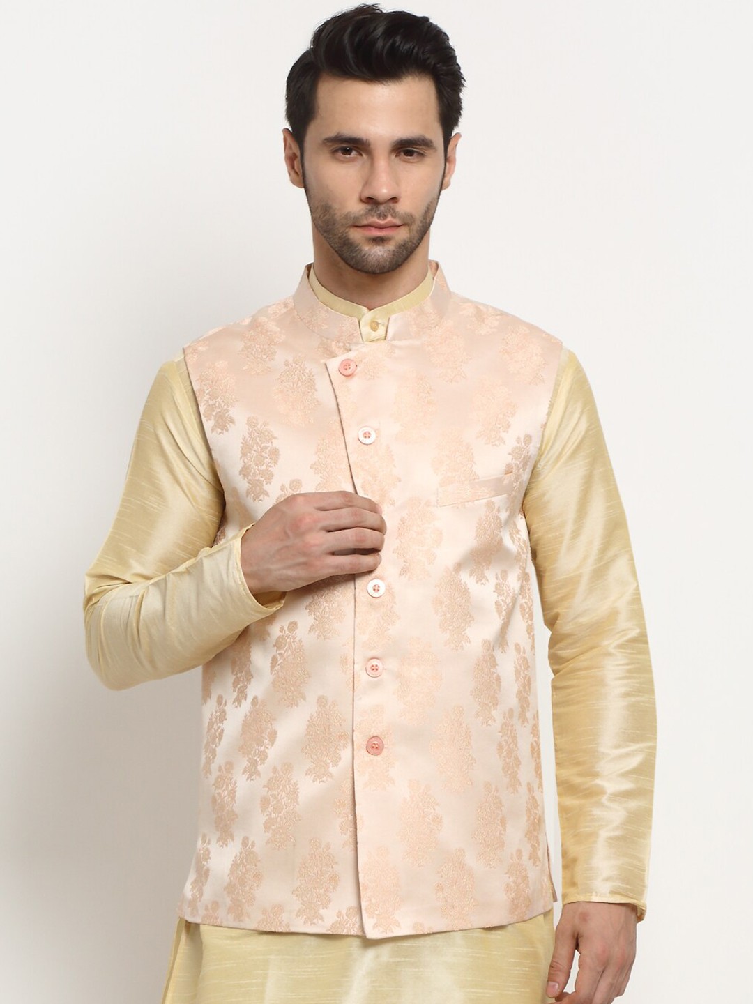 

NEUDIS Men Woven Design Nehru Jackets, Pink