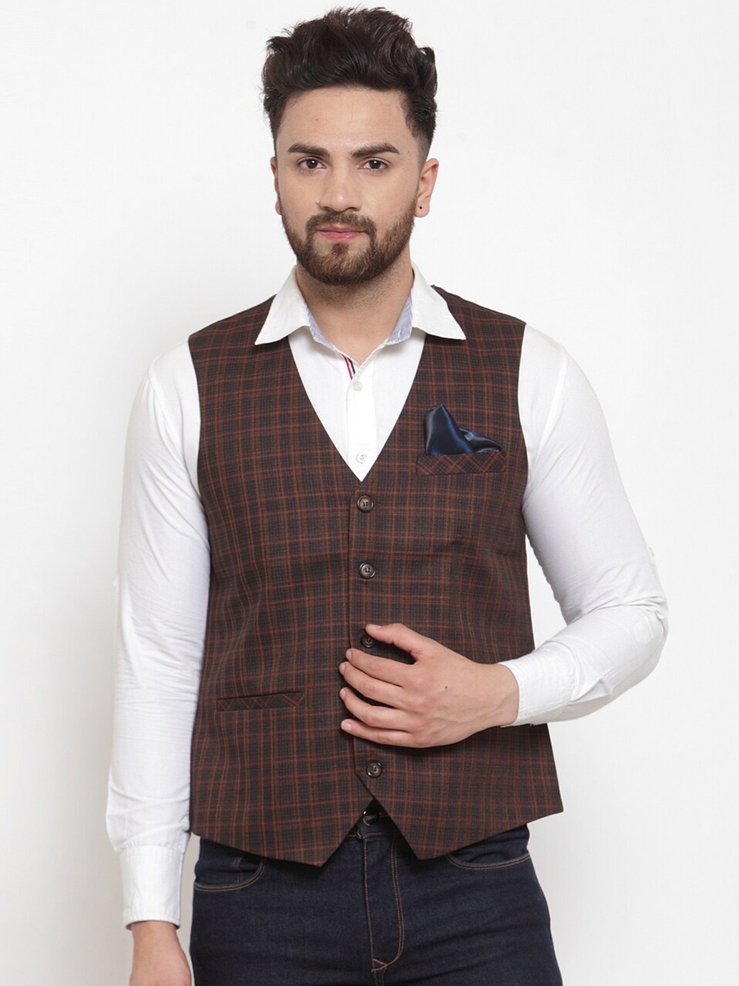 

NEUDIS Men Checked V-neck Woven Waistcoat, Black