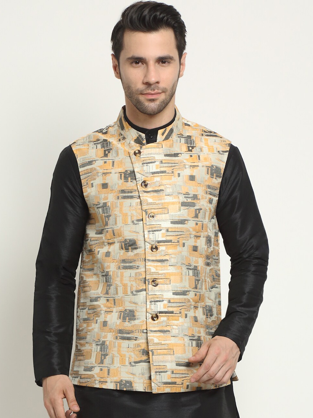 

NEUDIS Men Woven Design Nehru Jacket, Yellow
