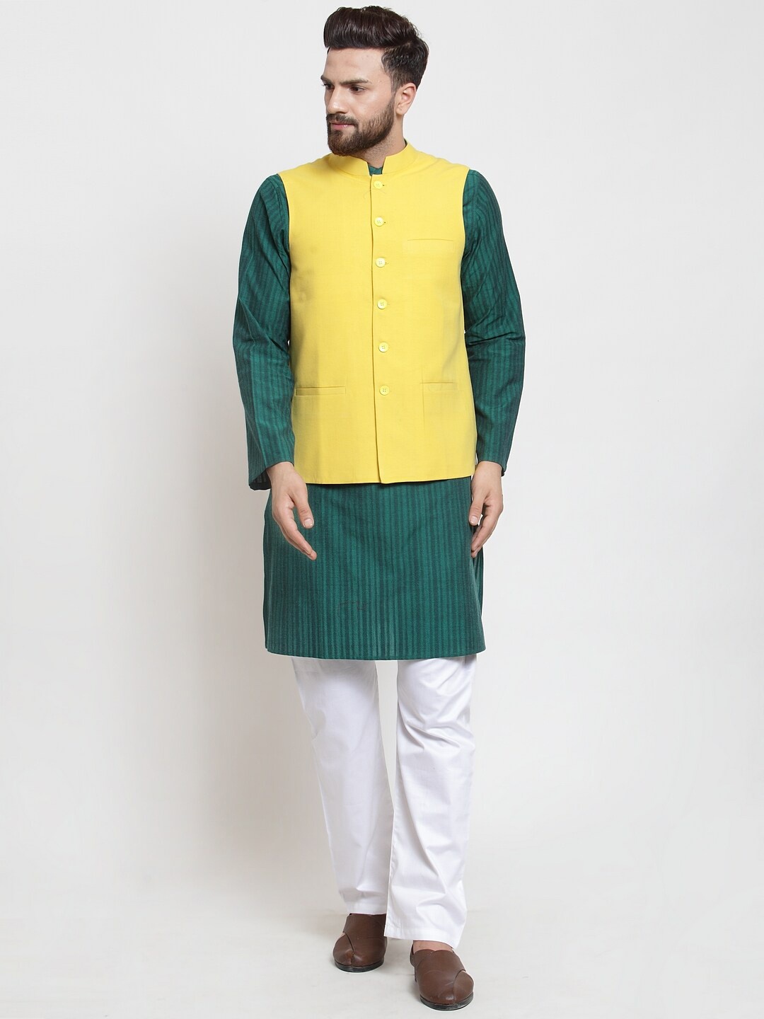 

NEUDIS Men Woven Cotton Nehru Jackets, Yellow