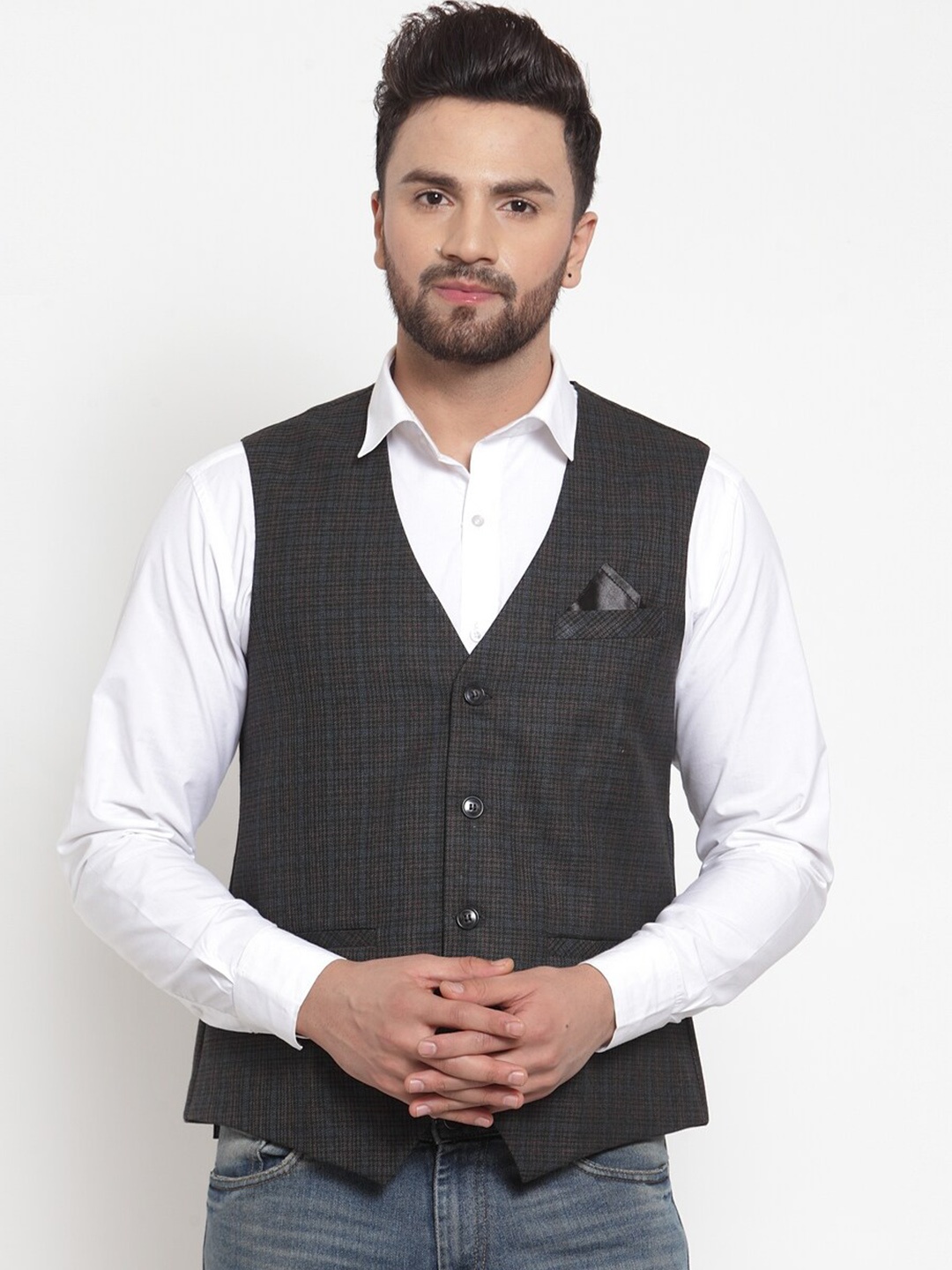

NEUDIS Dhrohar Men Checked Woven Waistcoat, Brown