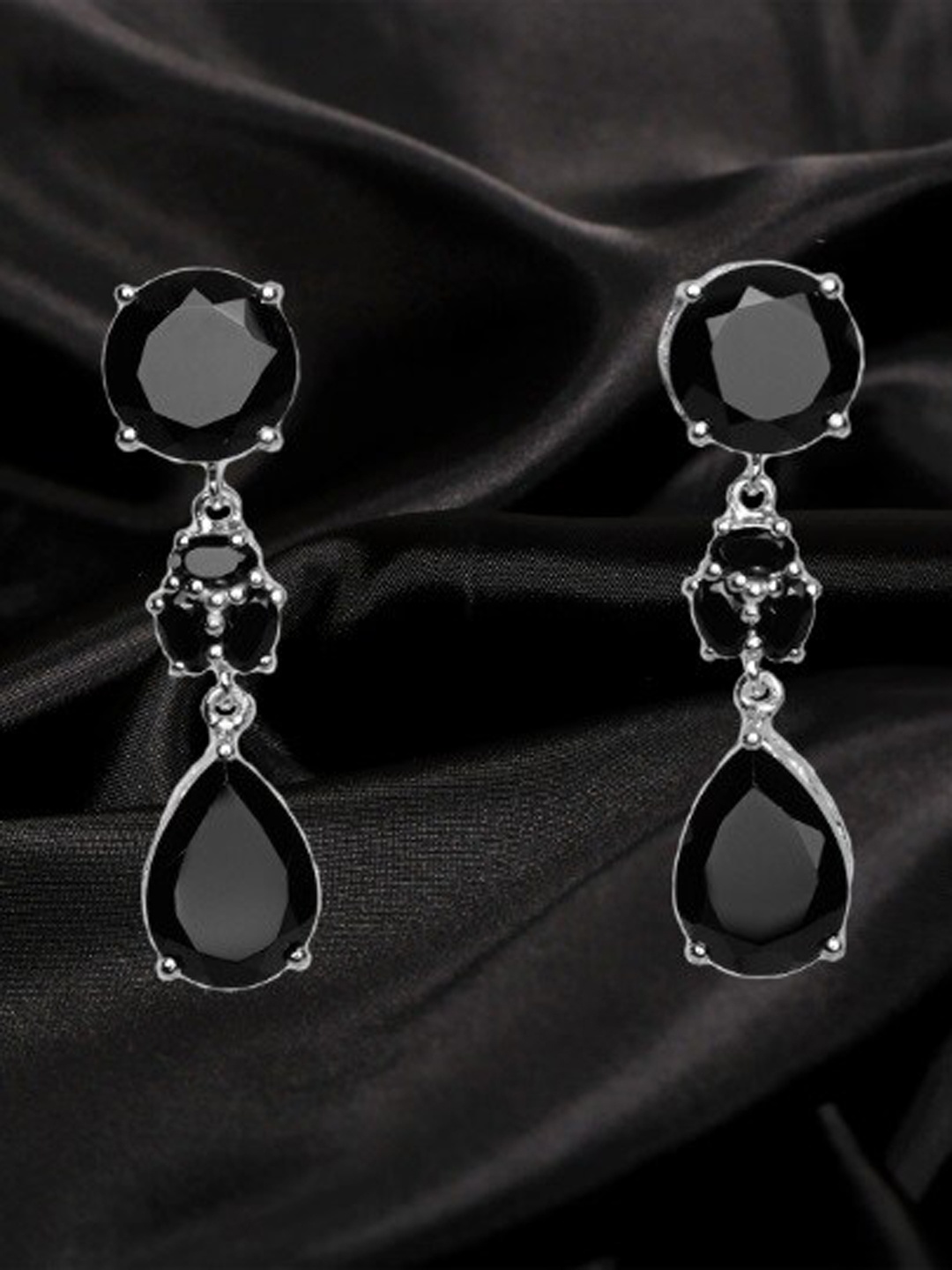 

HIFLYER JEWELS Silver Plated Contemporary Stone Studded Drop Earrings, Black