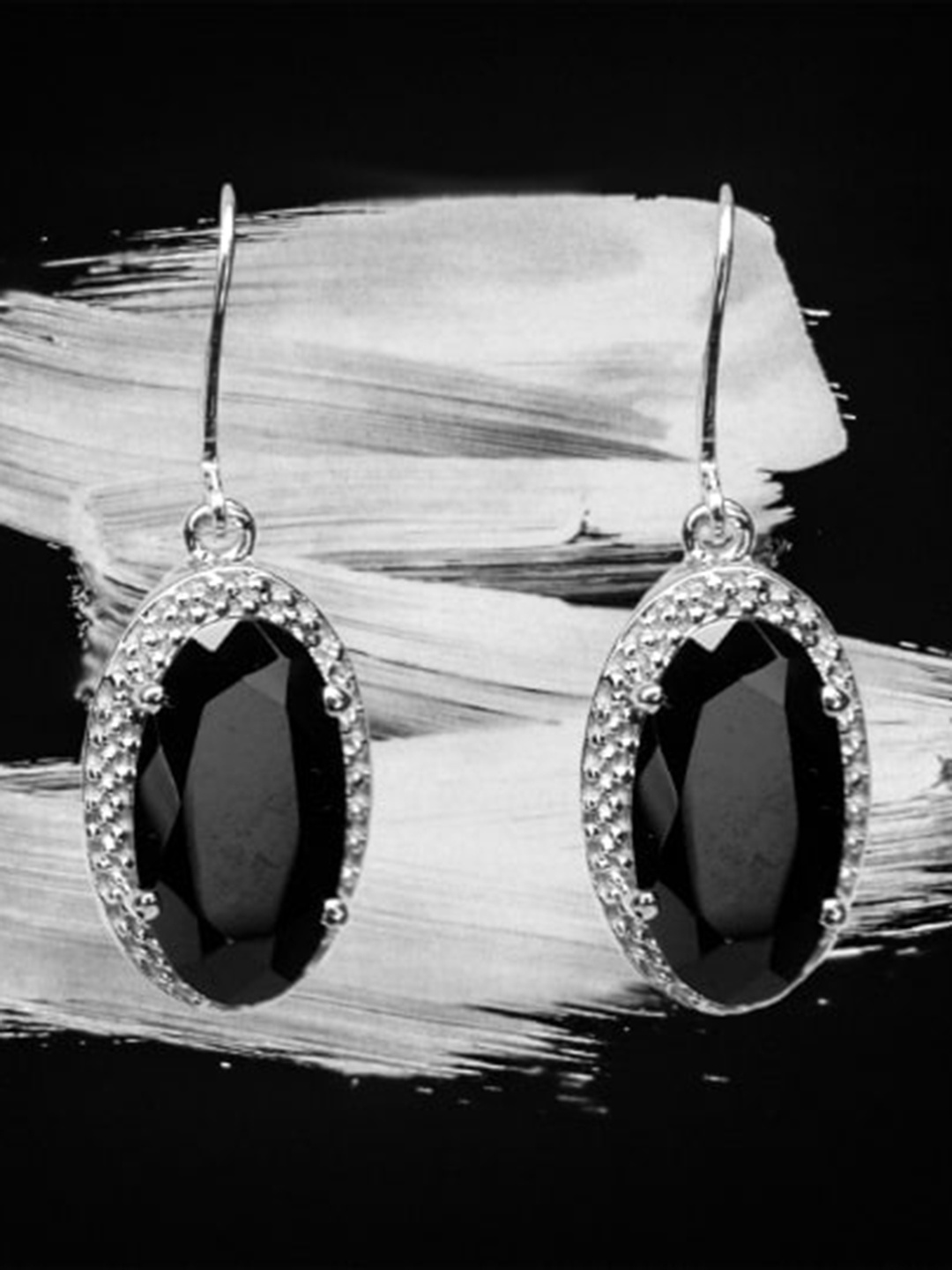 

HIFLYER JEWELS Silver Plated Oval Stone Studded Drop Earrings, Black
