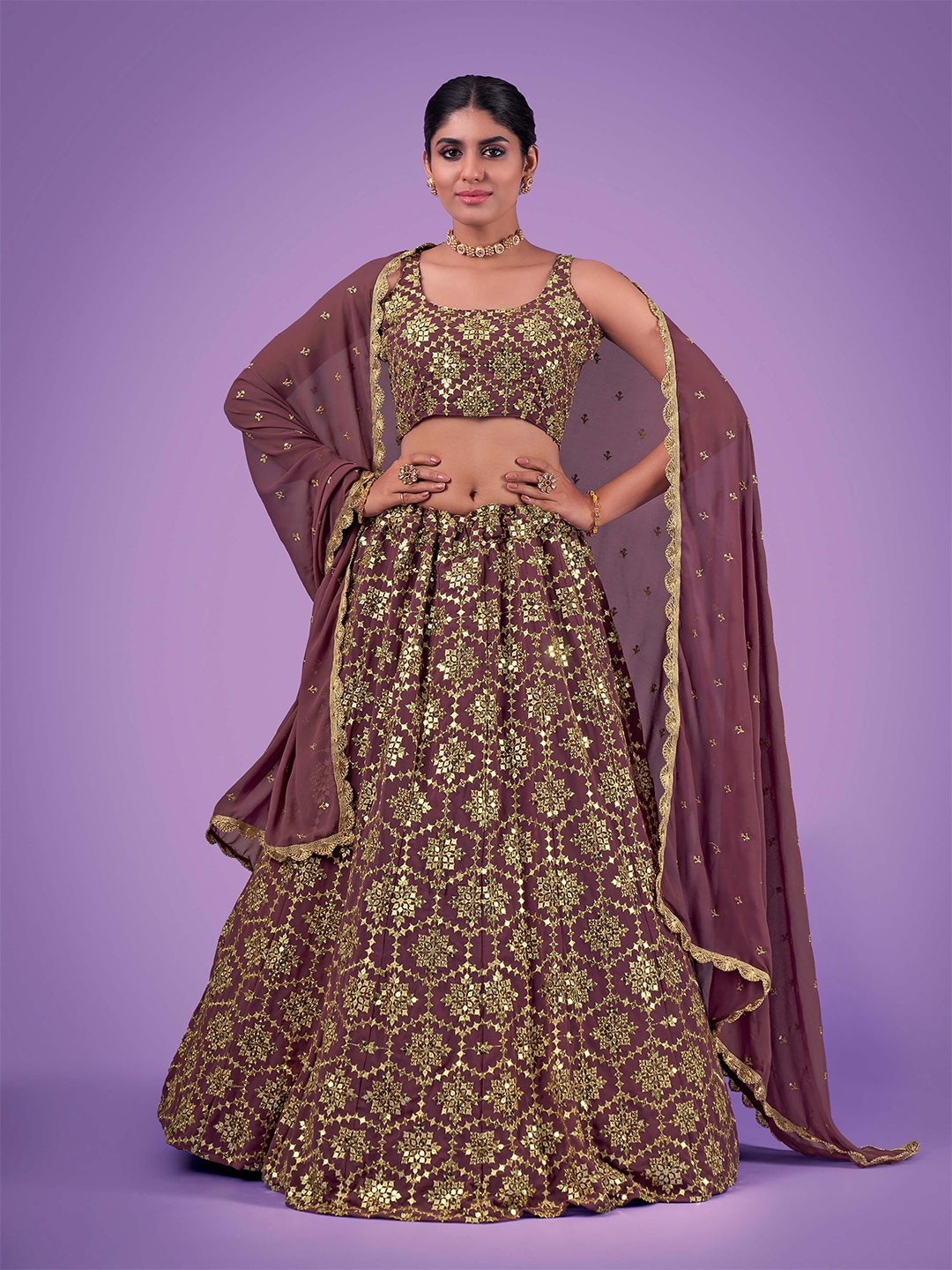 

Fusionic Embroidered Sequinned Semi-Stitched Lehenga & Unstitched Blouse With Dupatta, Lavender