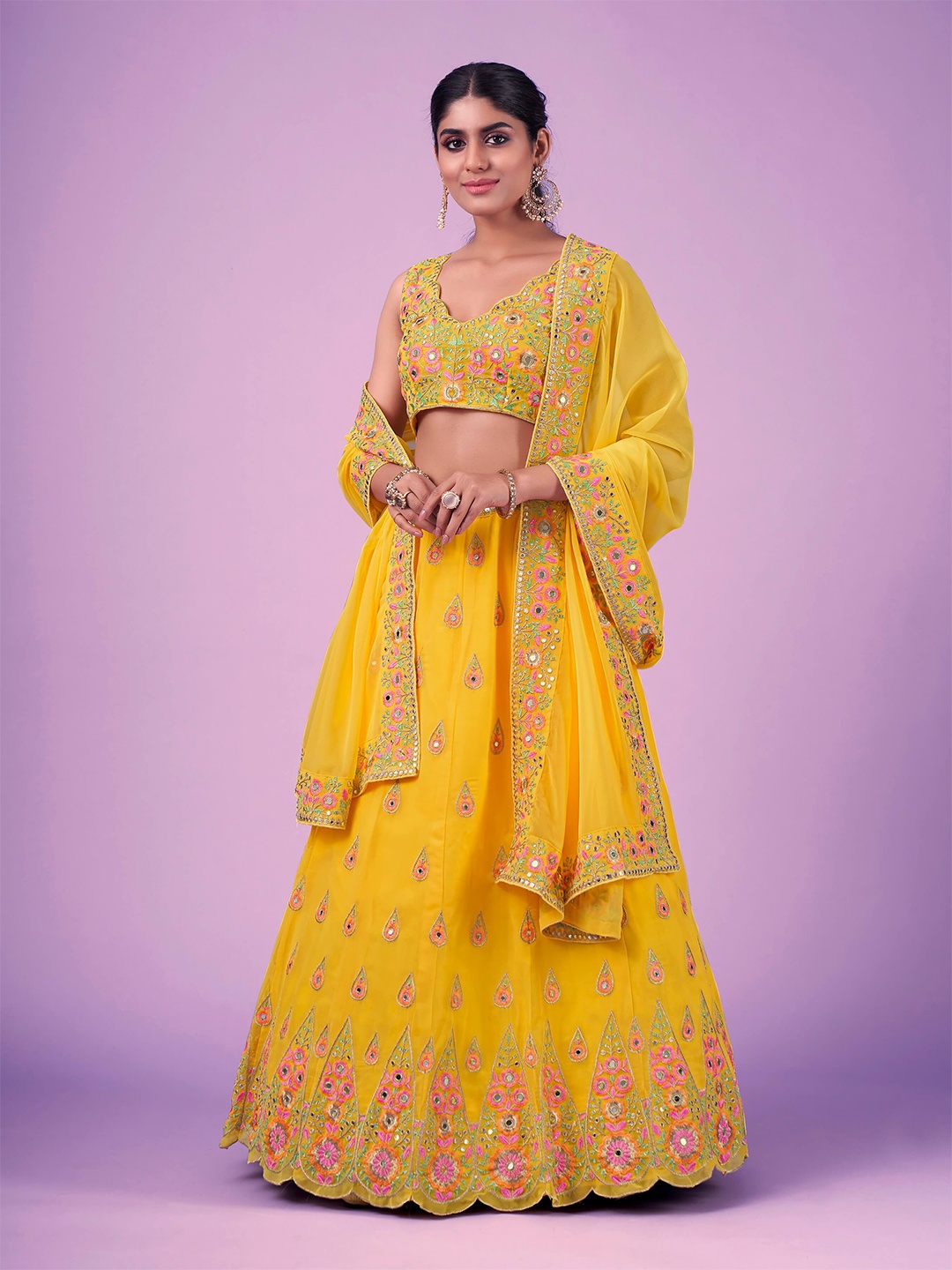 

Fusionic Embroidered Thread Work Semi-Stitched Lehenga & Unstitched Blouse With Dupatta, Yellow