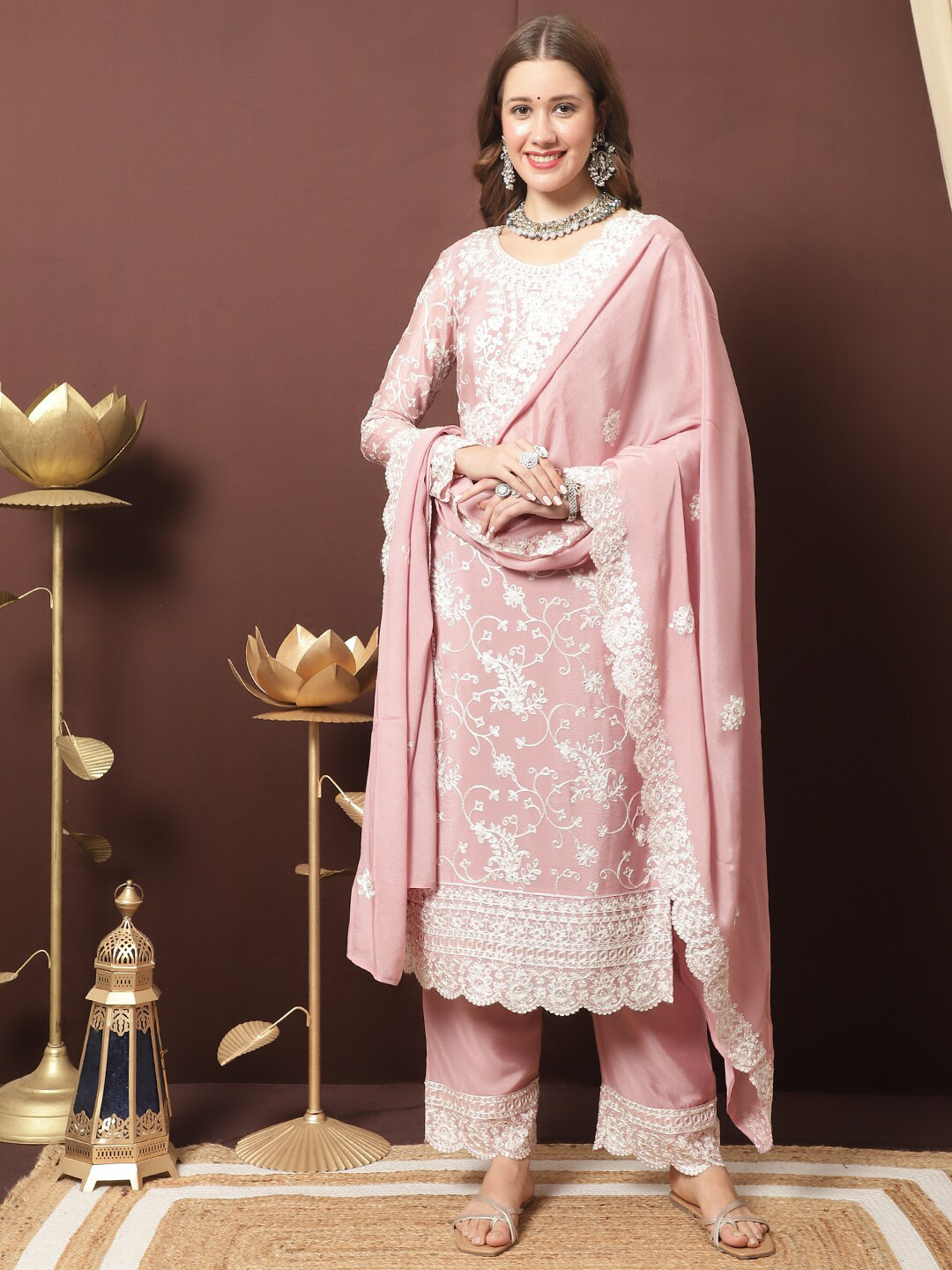 

Stylee LIFESTYLE Embroidered Silk Chiffon Unstitched Dress Material, Pink