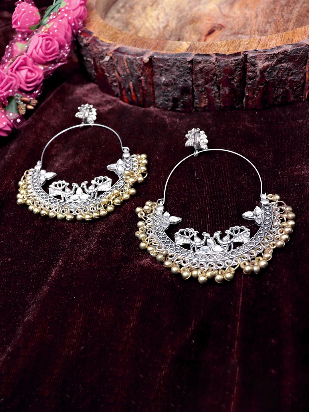 

VAGHBHATT Peacock Shaped Oxidized Chandbalis, Gold