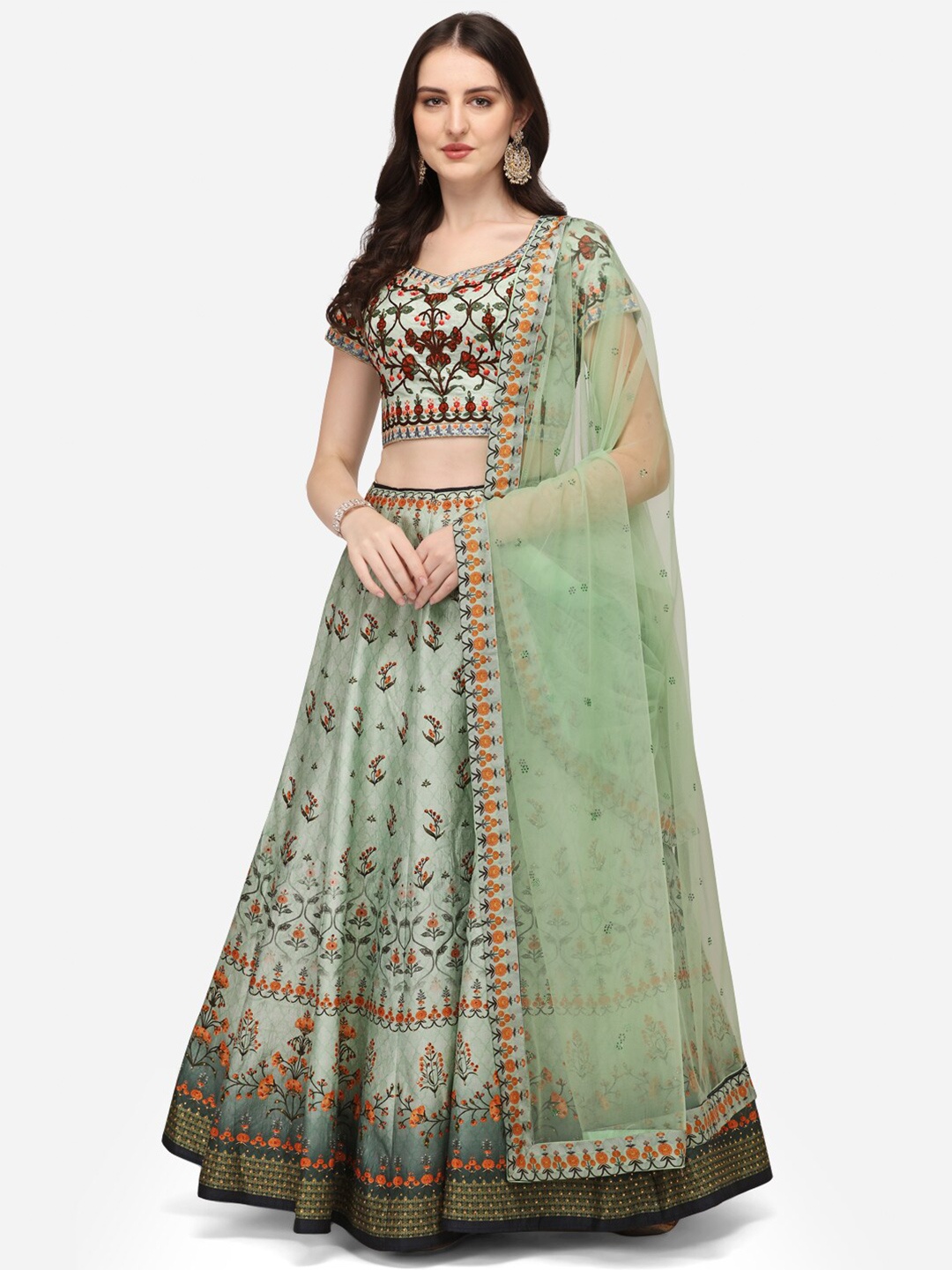 

SAPTRANGI Printed Ready to Wear Lehenga & Embroidered Blouse With Dupatta, Green