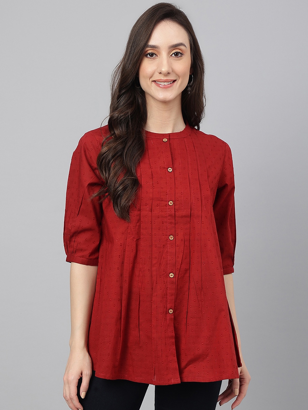 

Janasya Women Self Design Dobby Cotton Regular Top, Maroon