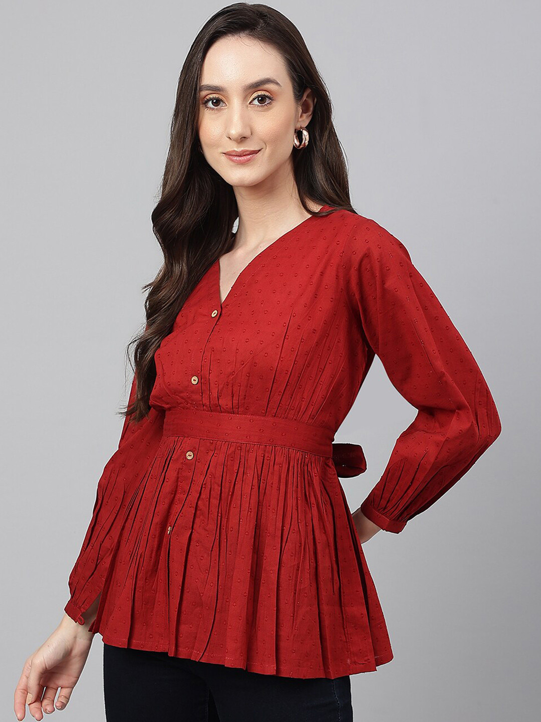

Janasya V-Neck Peplum Cotton Top, Maroon