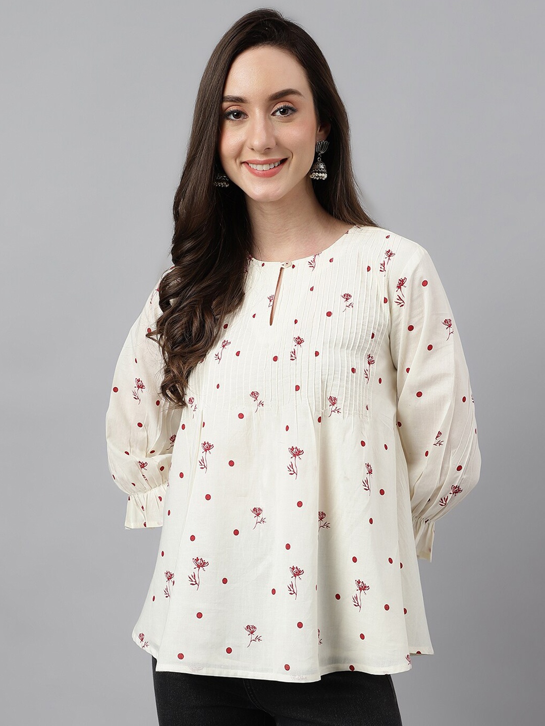 

Janasya Floral Printed A-Line Cotton Top, Off white