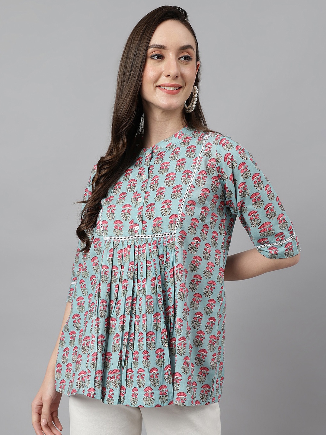 

Janasya Cotton Floral Print A-Line Top, Blue