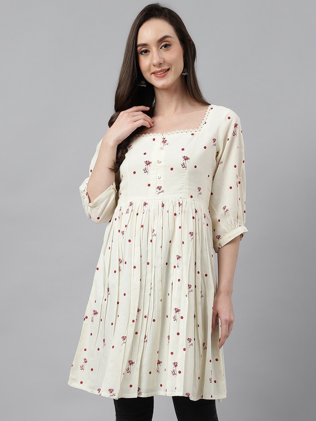 

Janasya Square Neck Printed Cotton Flared Tunic, Off white