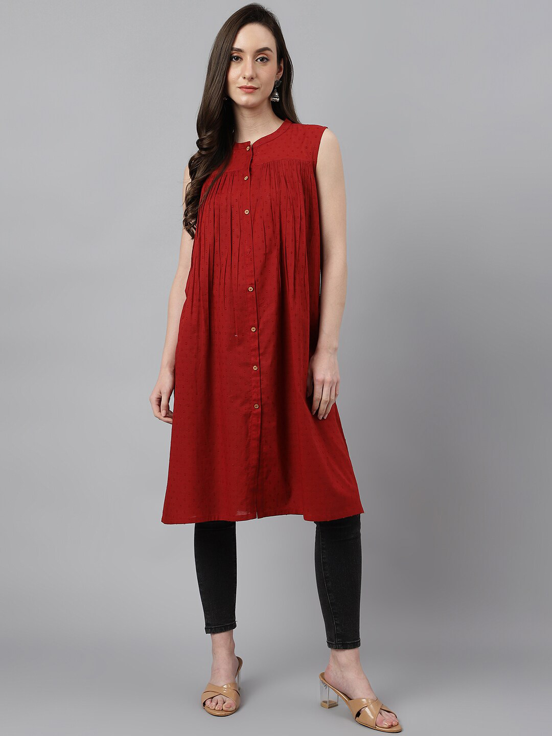 

Janasya Mandarin Collar Dobby Cotton Gathered Tunic, Maroon
