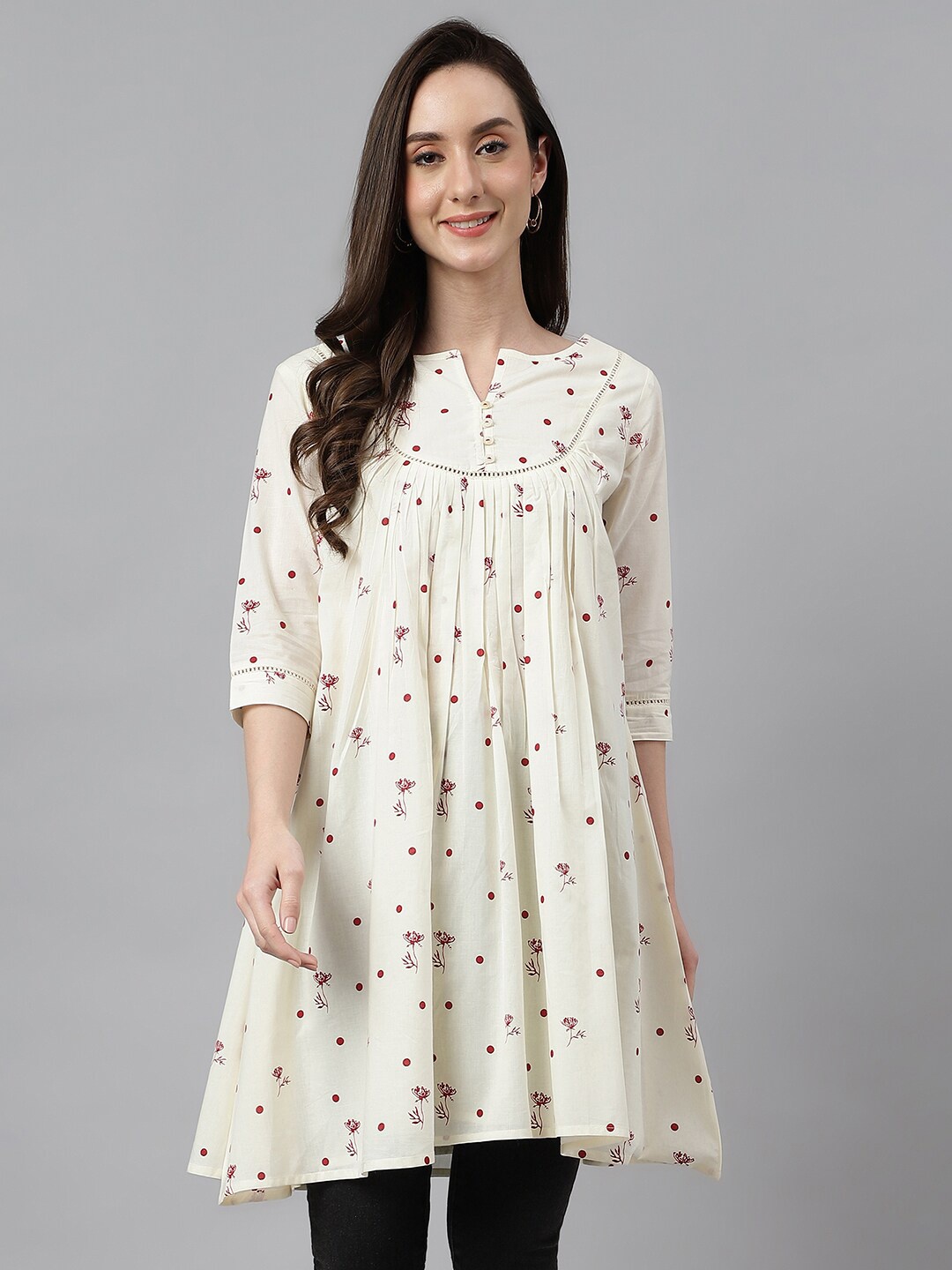 

Janasya Printed Cambric Cotton Flared Tunic, Off white