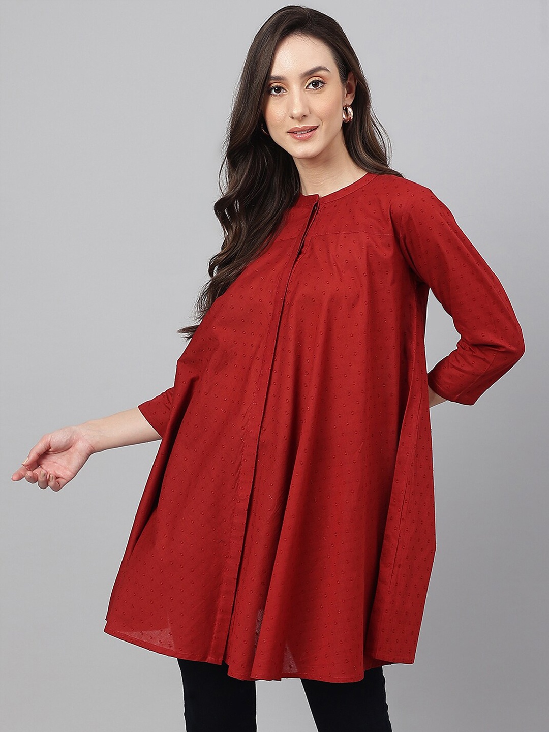 

Janasya Mandarin Collar Dobby Cotton A-Line Tunic, Maroon