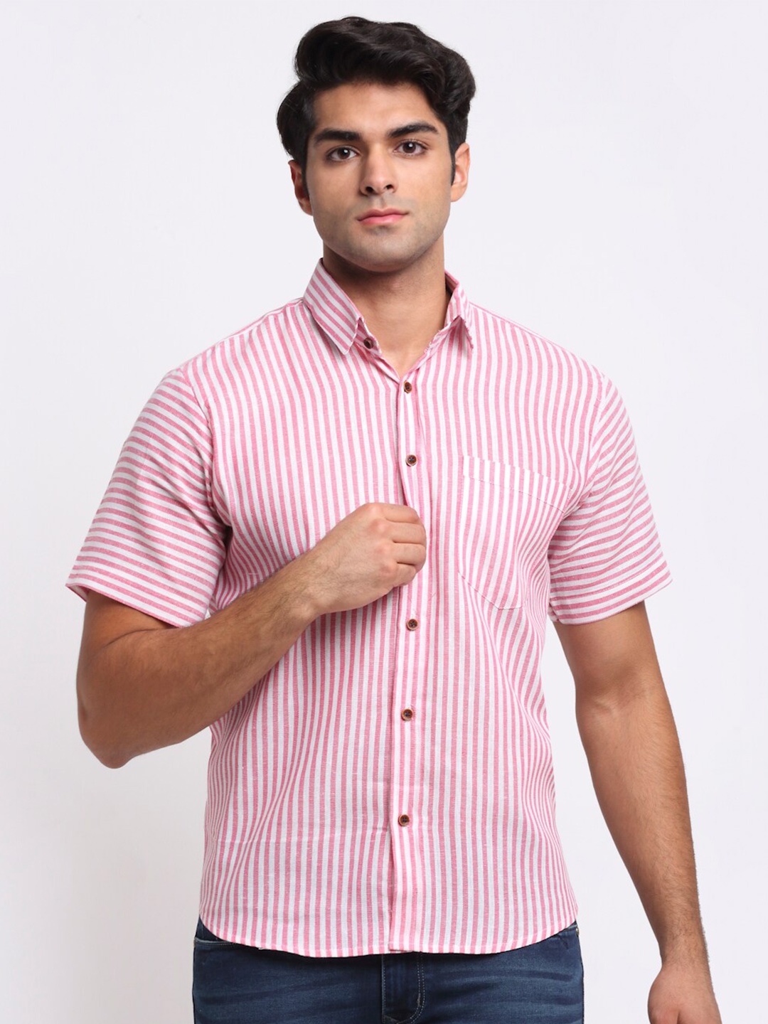 

Enchanted Drapes Vertical Stripes Striped Pure Cotton Knitted Casual Shirt, Pink